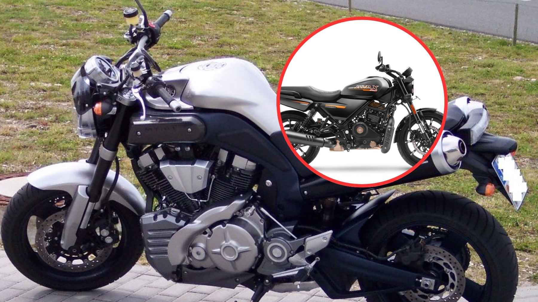 A classic Yamaha MT-01 naked motorcycle parked on a street, showcasing its massive air-cooled V-twin engine and performance hardware.