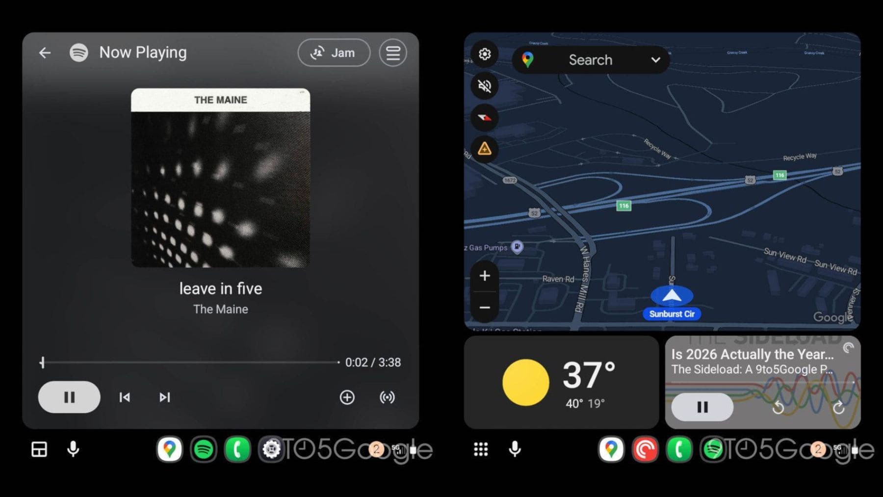 Nuevo diseño del reproductor en Android Auto 16 con controles reubicados y mapa en pantalla.