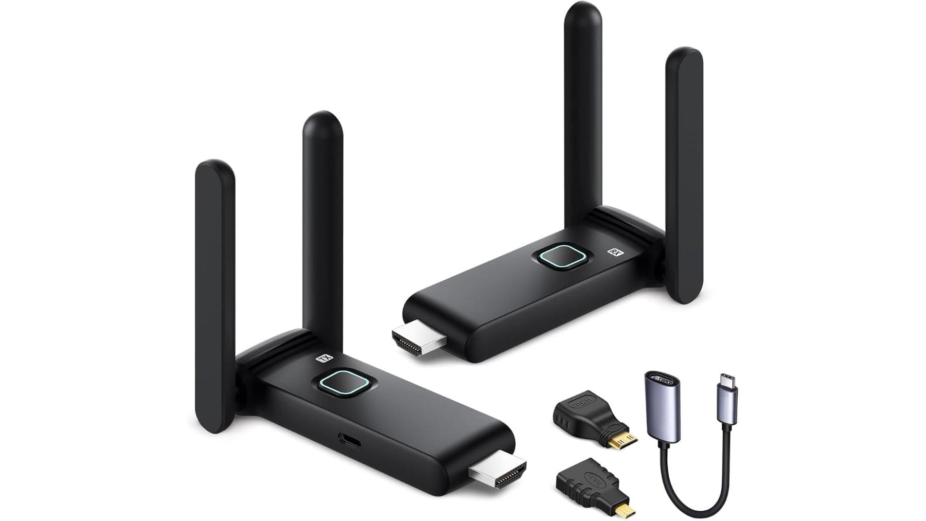 Dispositivo HDMI inalámbrico con transmisor y receptor para enviar señal 4K sin cables.