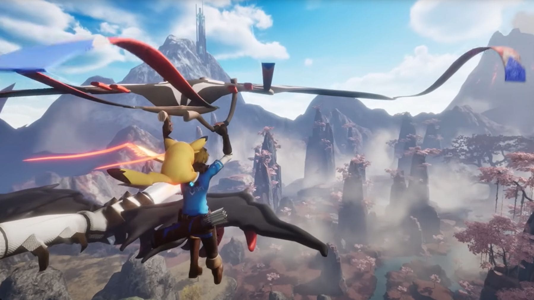 Personaje volando con criatura en Pickmon, juego similar a Pokémon, Zelda y Palworld.