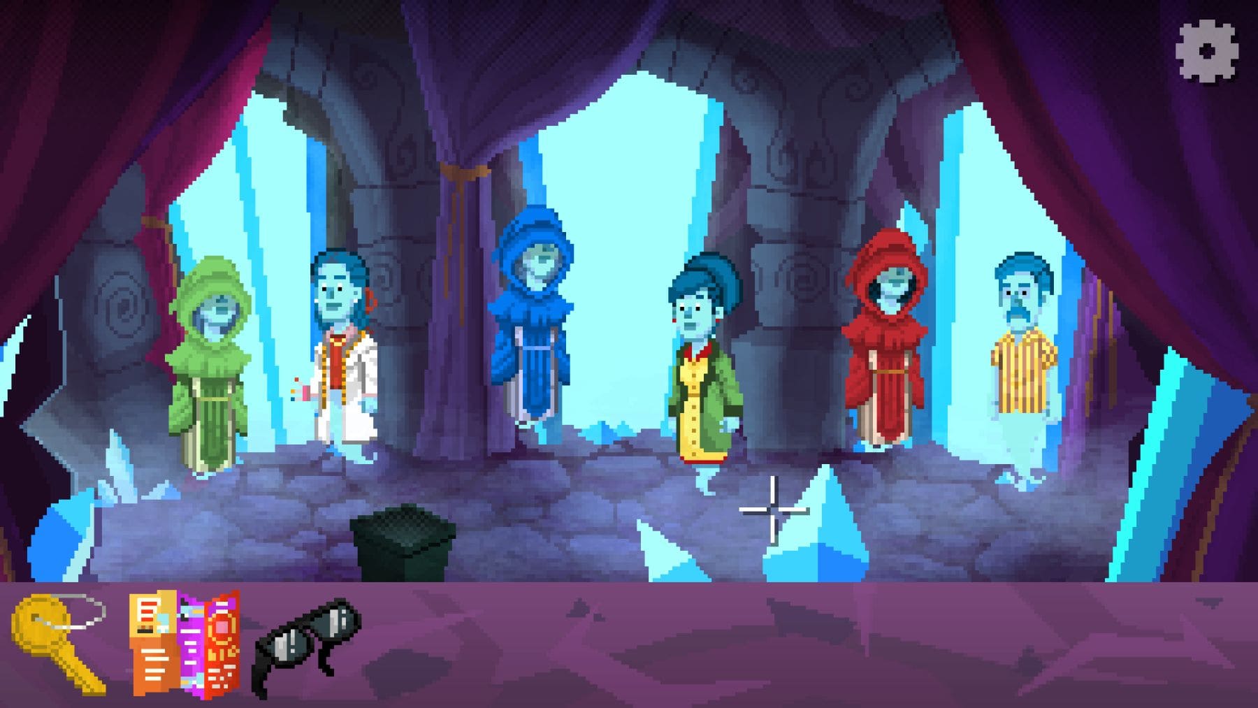 Escena pixel art de Shadows of the Afterland con personajes fantasma en el más allá ambientado en el Madrid de 1960.