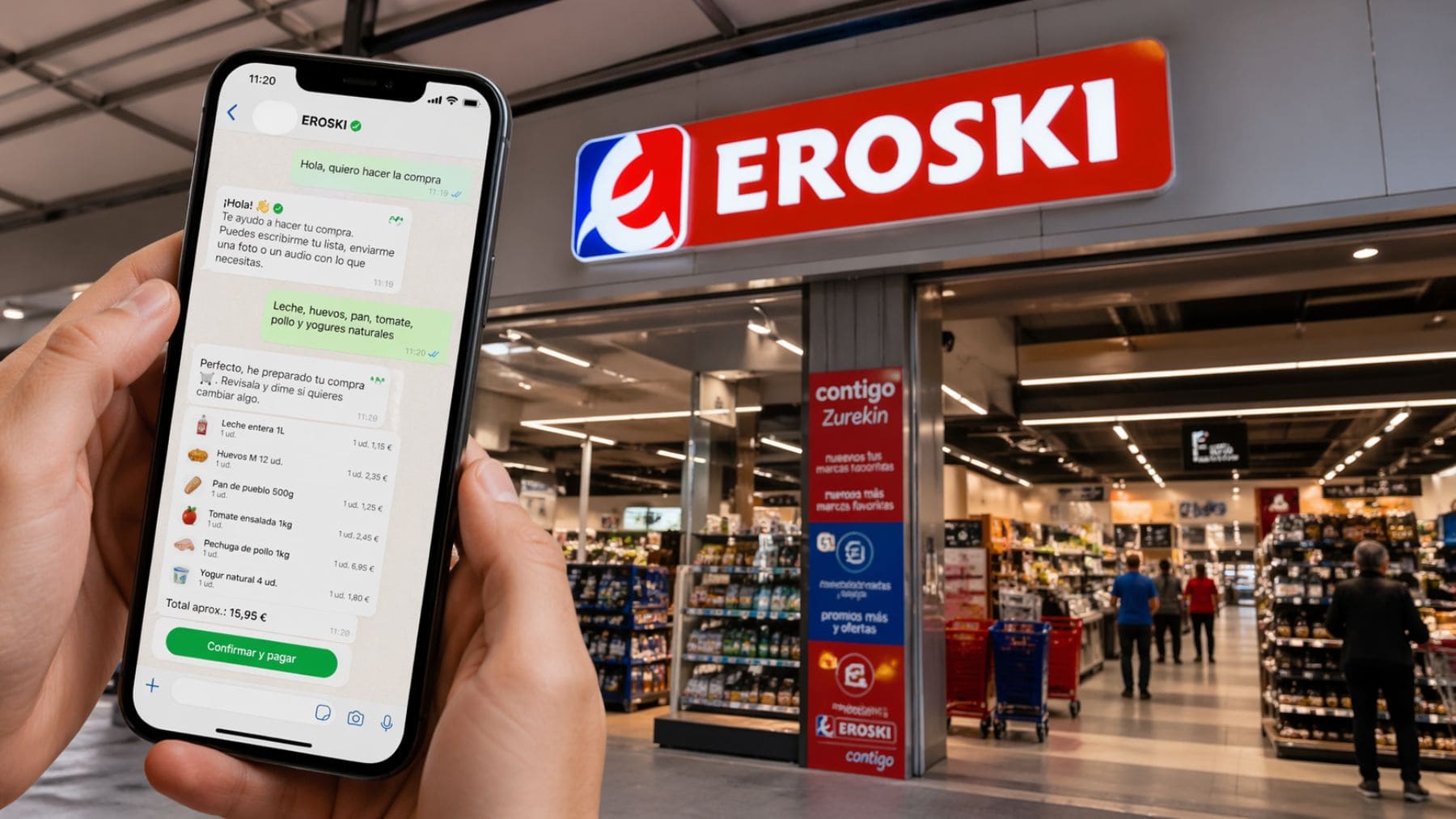 Compra en Eroski por WhatsApp con inteligencia artificial desde el móvil frente a un supermercado en España.