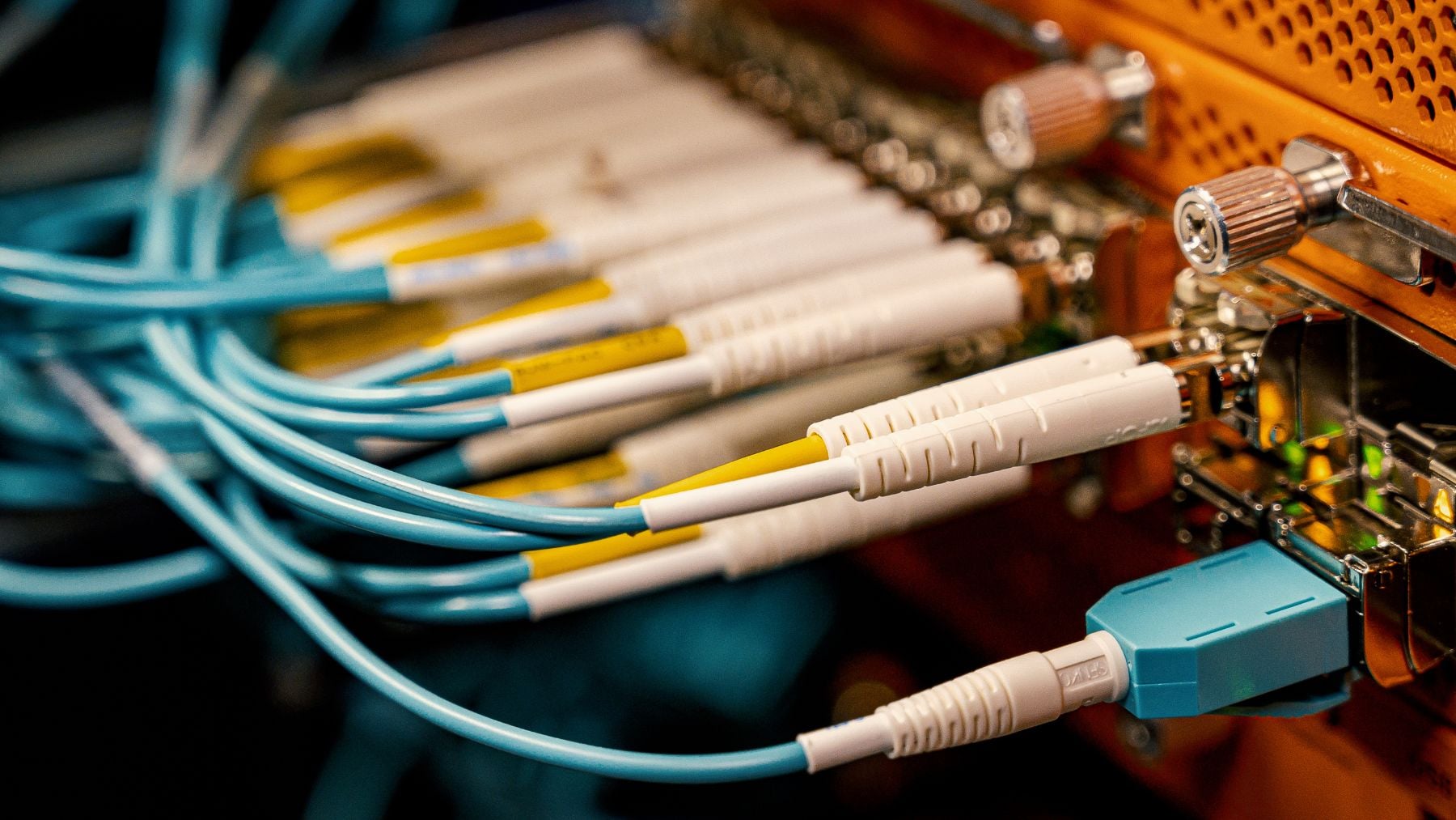 Cables de fibra óptica conectados a equipo de red en infraestructura de telecomunicaciones de alta capacidad.