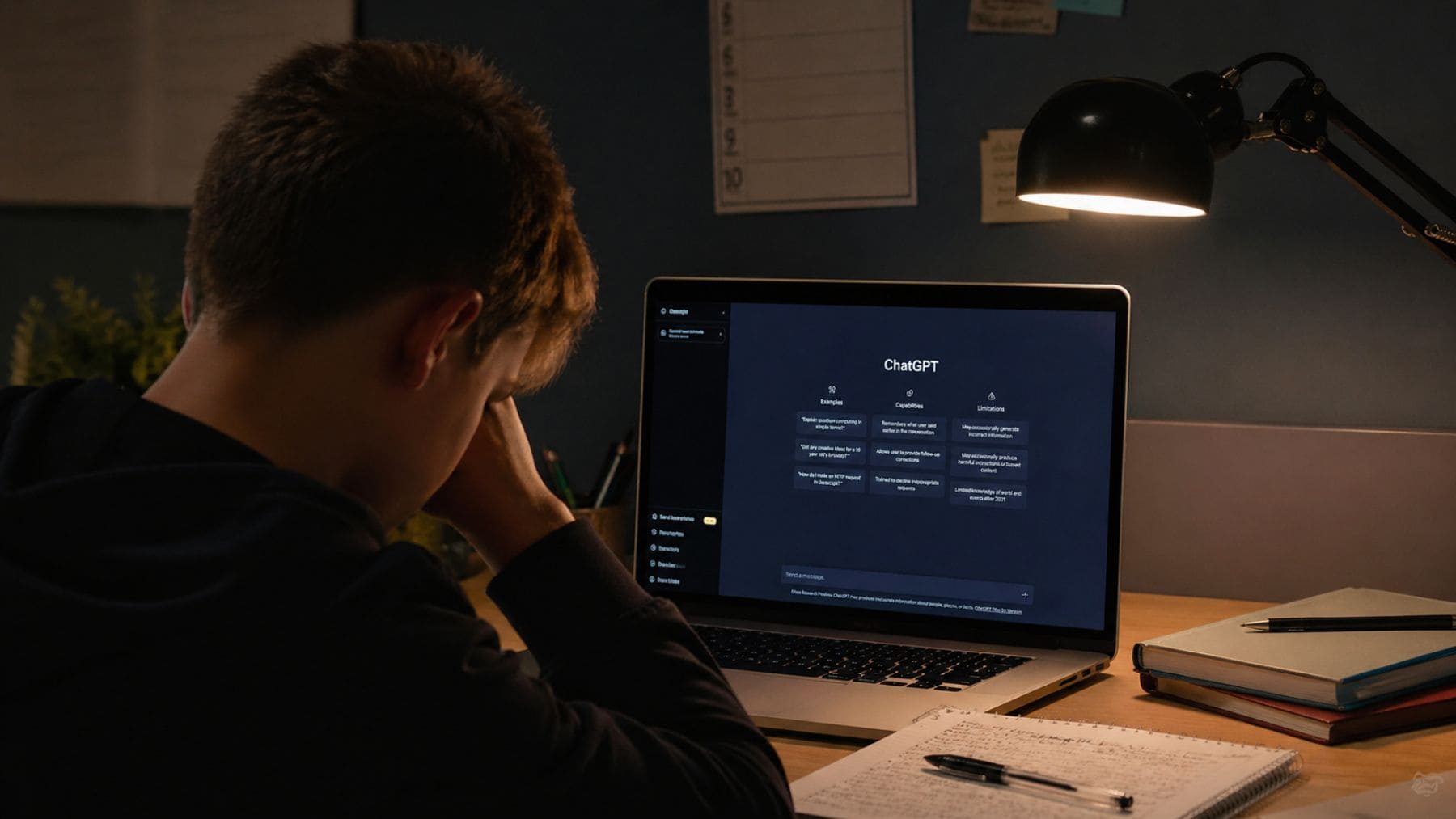 Estudiante usando ChatGPT en portátil mientras estudia, ejemplo del impacto de la inteligencia artificial en memoria y aprendizaje.