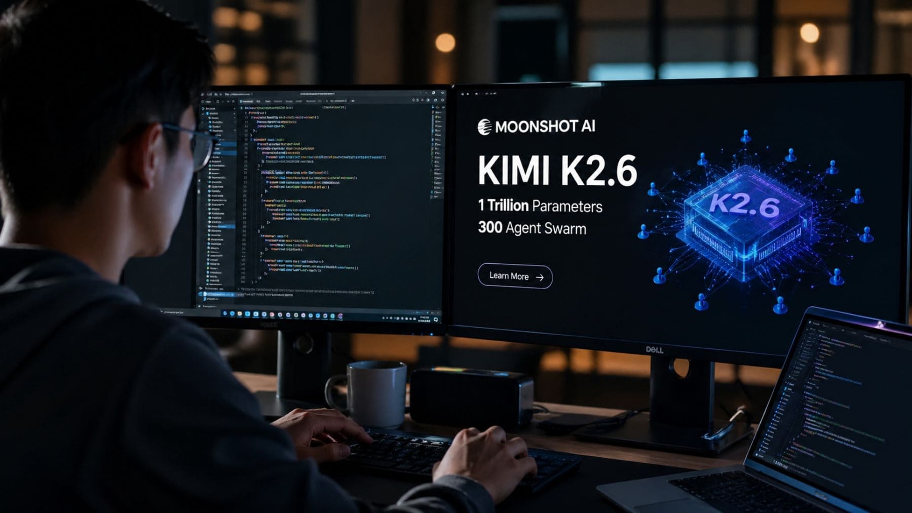 Programador trabajando con Kimi K2.6, la IA de Moonshot AI con 1 billón de parámetros y 300 agentes coordinados.