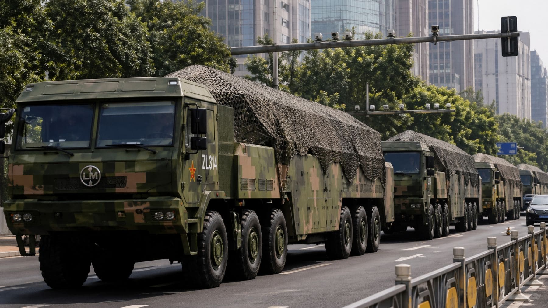 Convoy de camiones militares chinos con lanzadores de misiles hipersónicos DF-27 circulando por una carretera urbana.