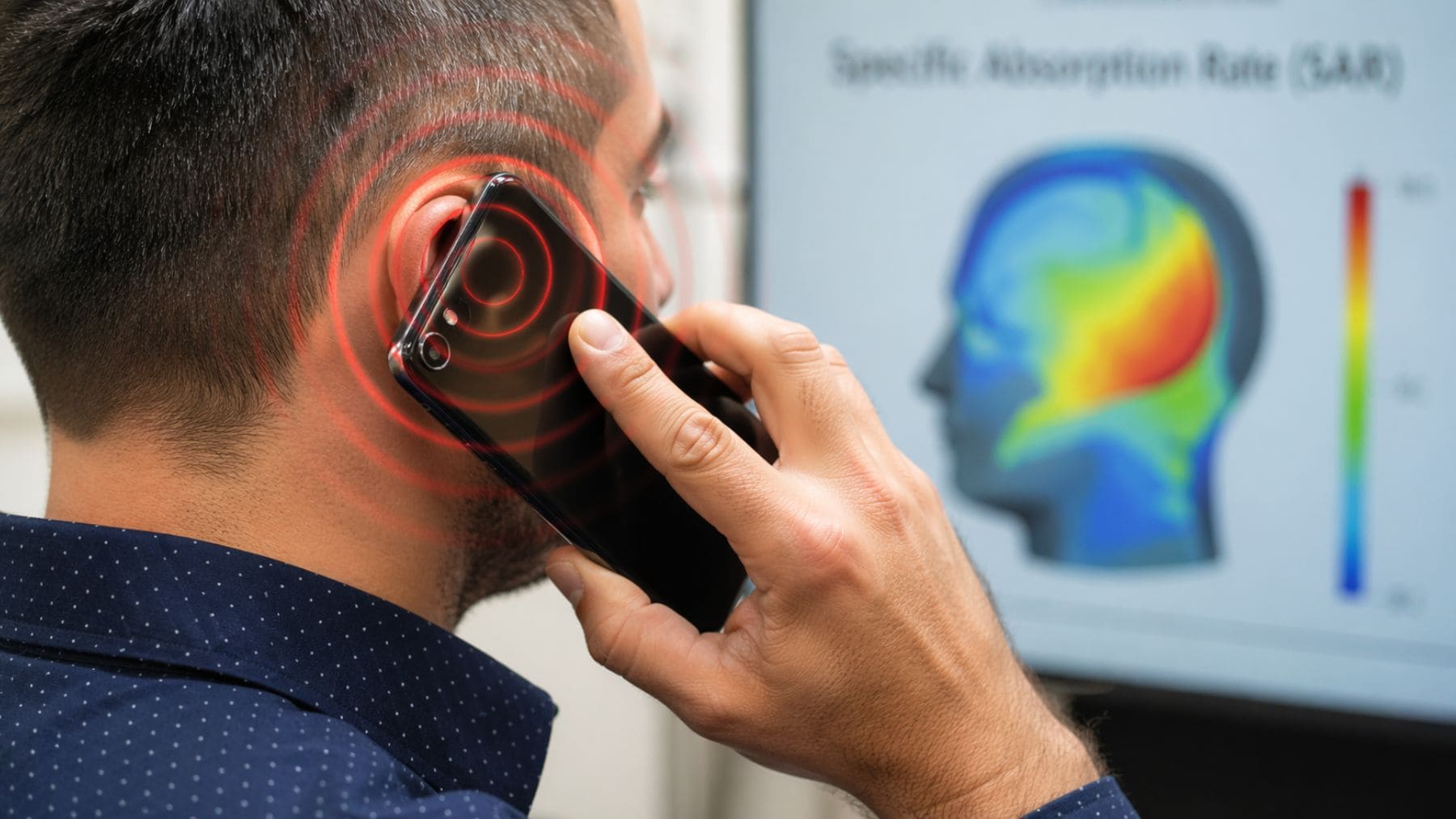 Hombre usando un móvil junto a la cabeza con representación de radiación SAR en estudio científico.
