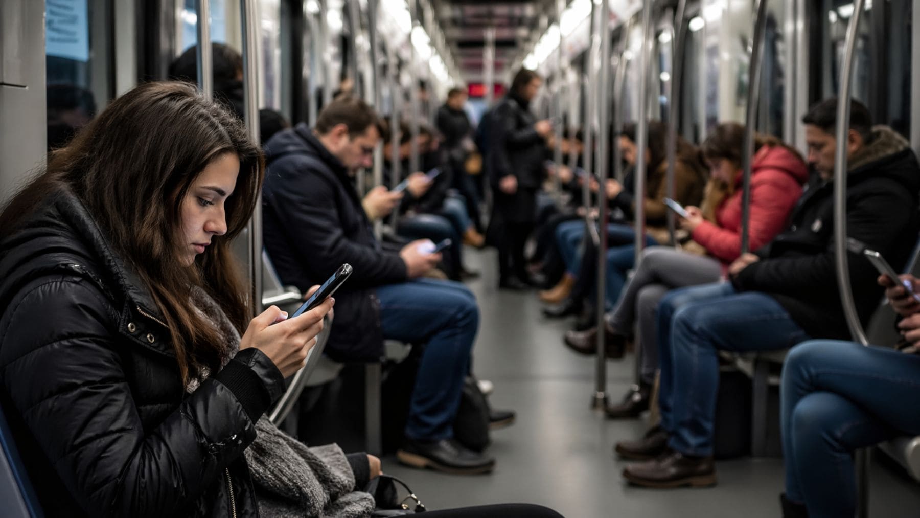 Personas mirando el móvil en el metro sin interactuar en redes sociales, comportamiento tipo lurker asociado a menor ansiedad.