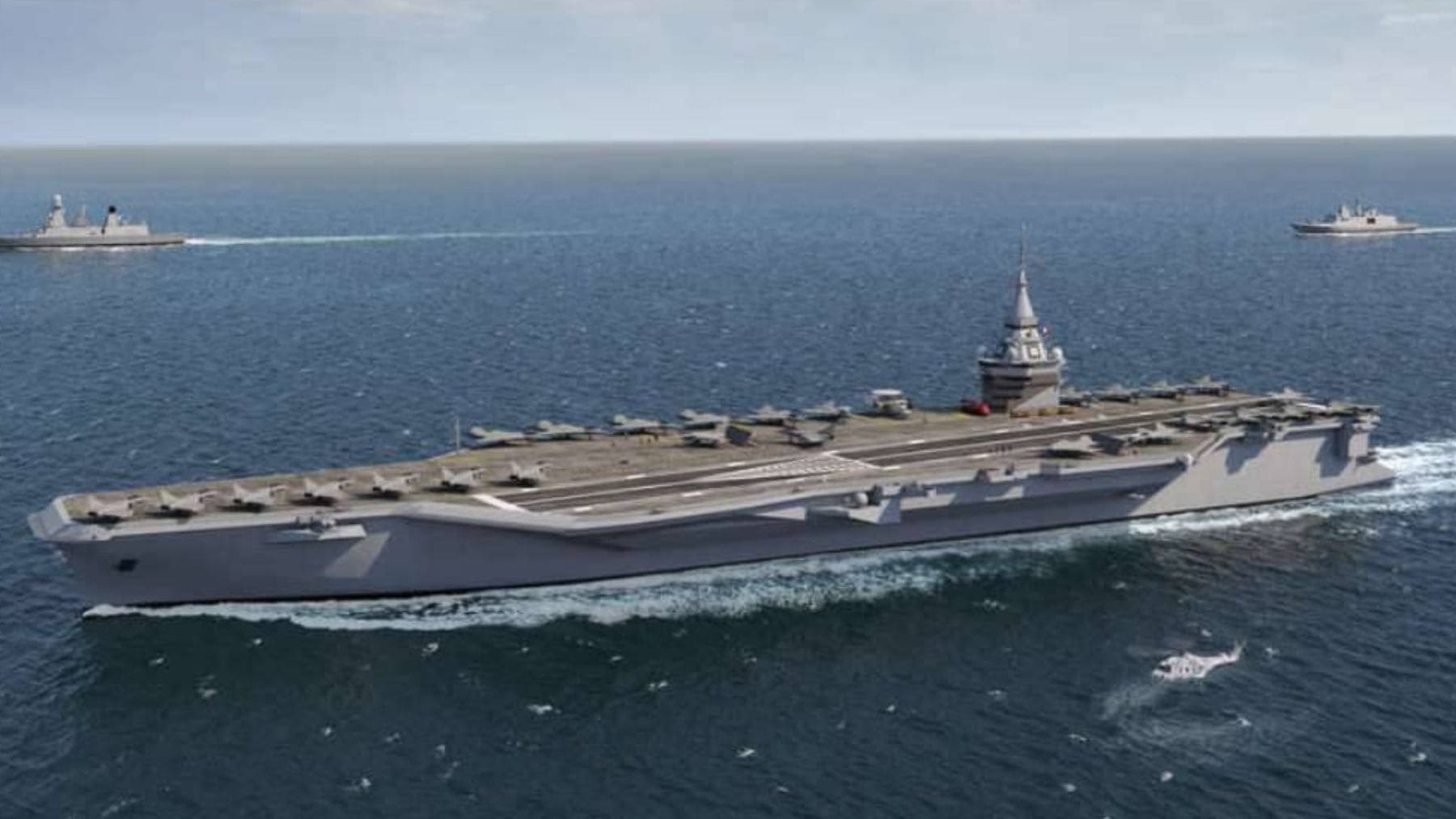 Portaaviones France Libre de Francia navegando con aviones en cubierta en recreación oficial del buque de 80.000 toneladas.