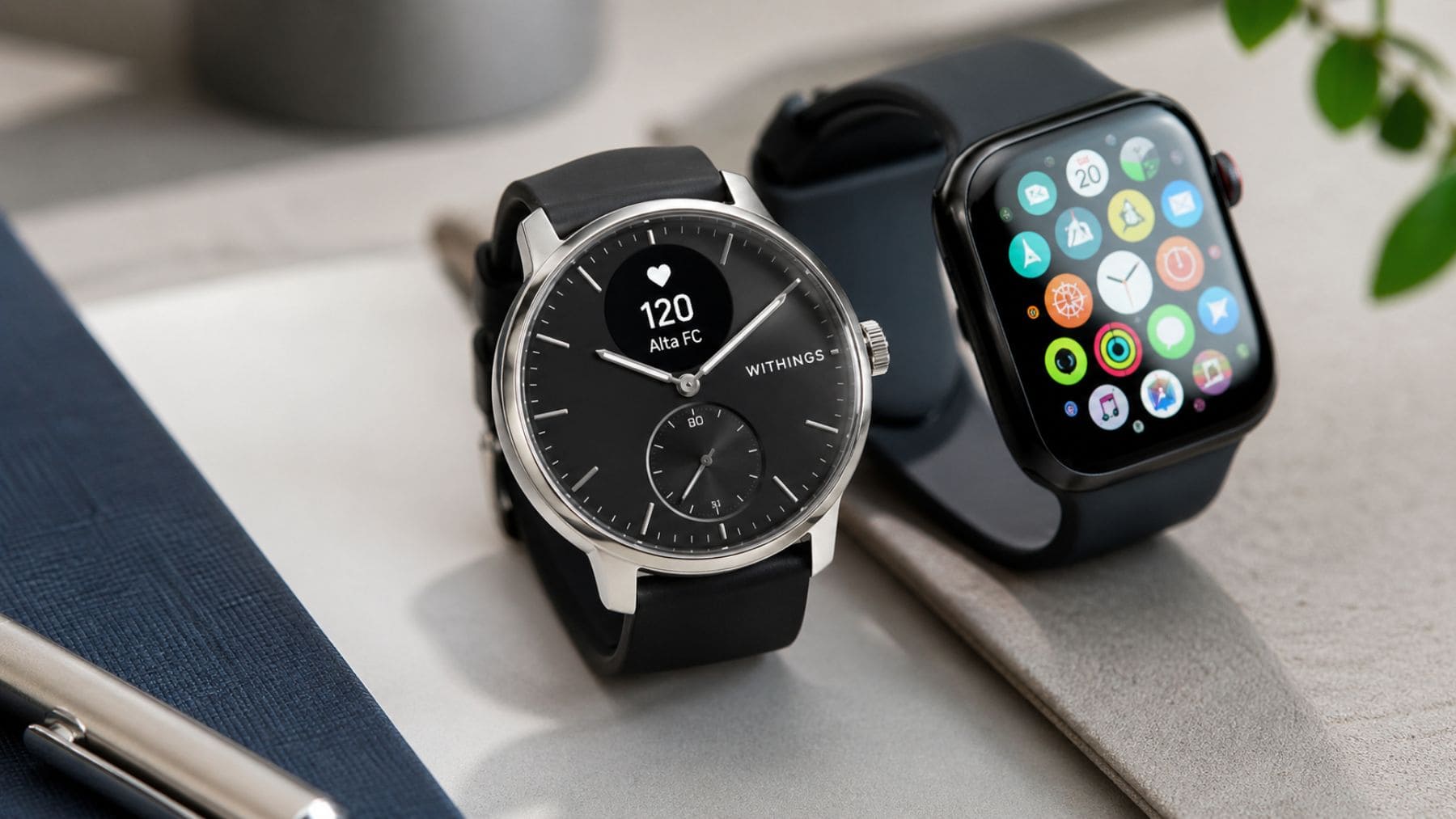 reloj híbrido Withings ScanWatch 2 junto a smartwatch tipo Apple Watch sobre mesa mostrando diferencias de diseño.
