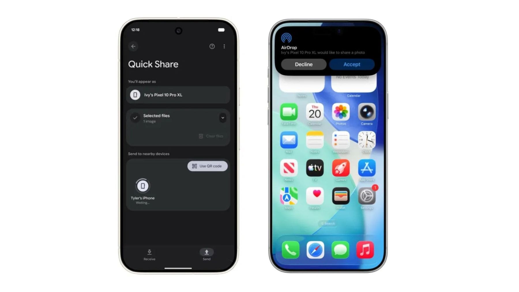 Quick Share de Android enviando una foto a un iPhone mediante compatibilidad con AirDrop.