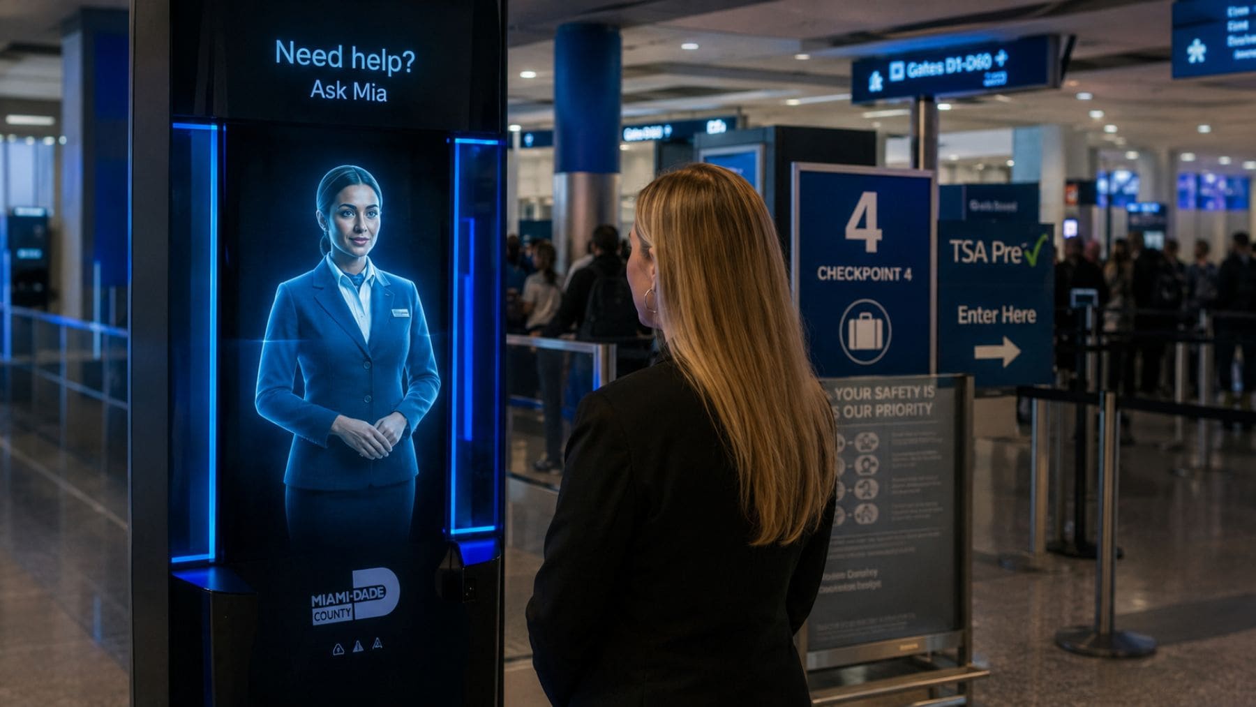 Asistente holográfico con inteligencia artificial en el aeropuerto internacional de Miami guiando pasajeros.