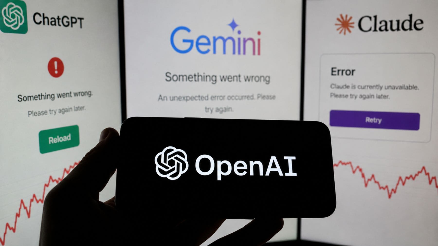 Pantallas con errores de ChatGPT, Gemini y Claude durante la caída simultánea de las principales inteligencias artificiales