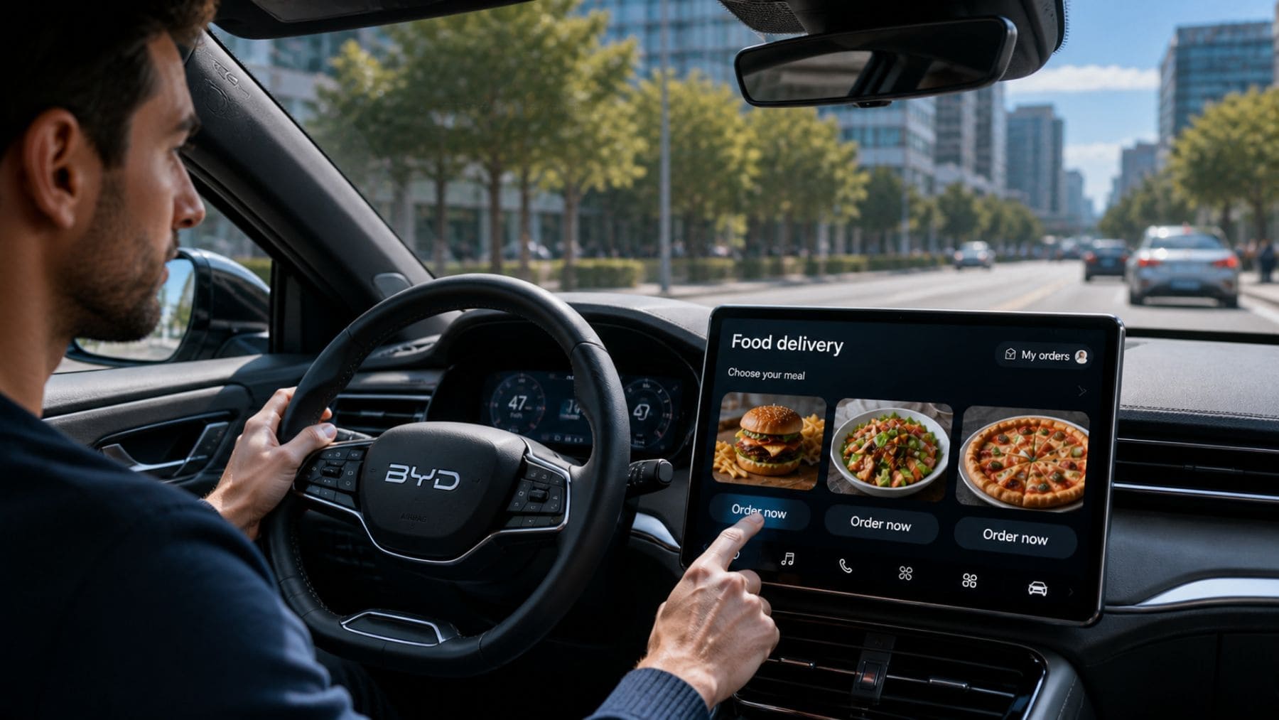 Conductor usando pantalla de coche BYD con IA para pedir comida desde el vehículo.