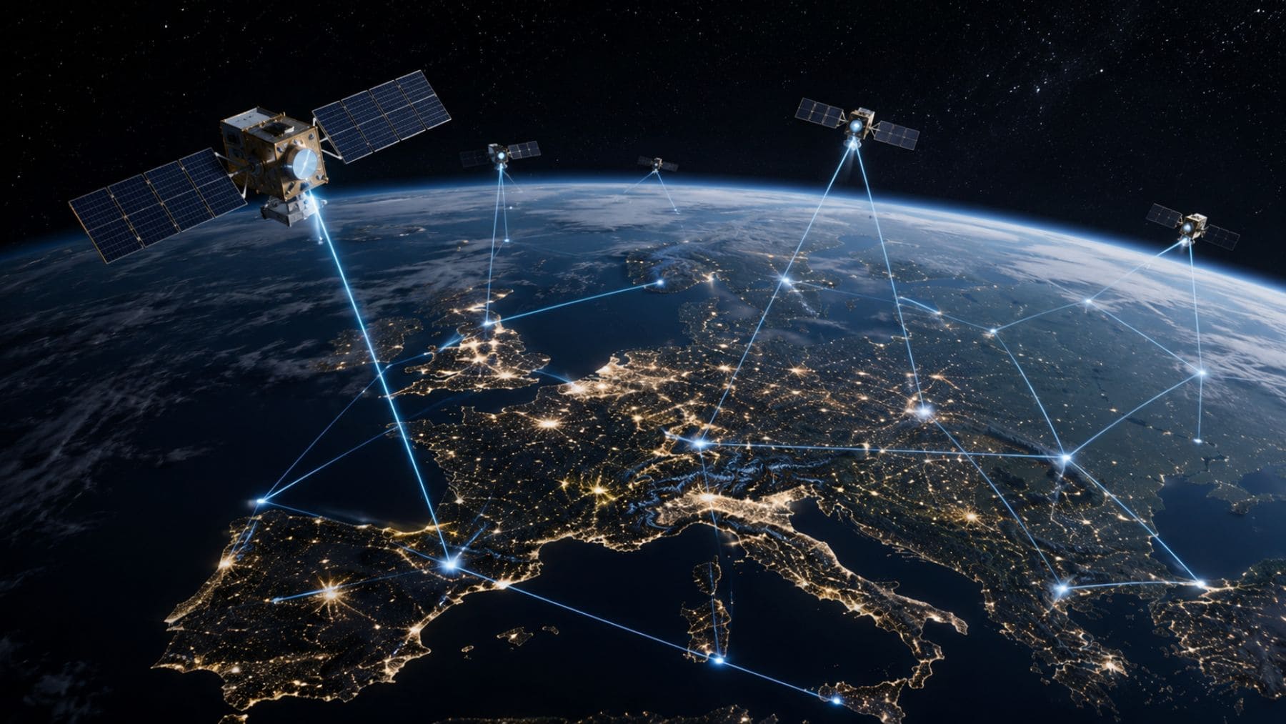Satélites de una constelación europea sobre Europa para competir con Starlink y reforzar la soberanía digital.
