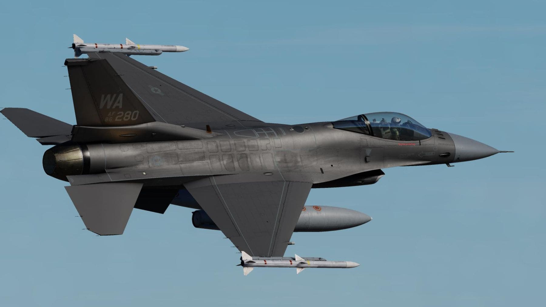 F-16 agresor de la Armada de Estados Unidos con recubrimiento furtivo Have Glass durante un vuelo de entrenamiento.