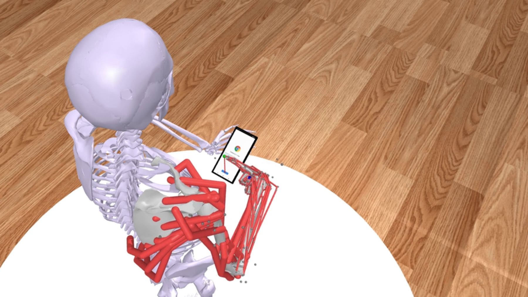 Simulación de Log2Motion mostrando una mano virtual usando un móvil para medir esfuerzo muscular y fatiga física.
