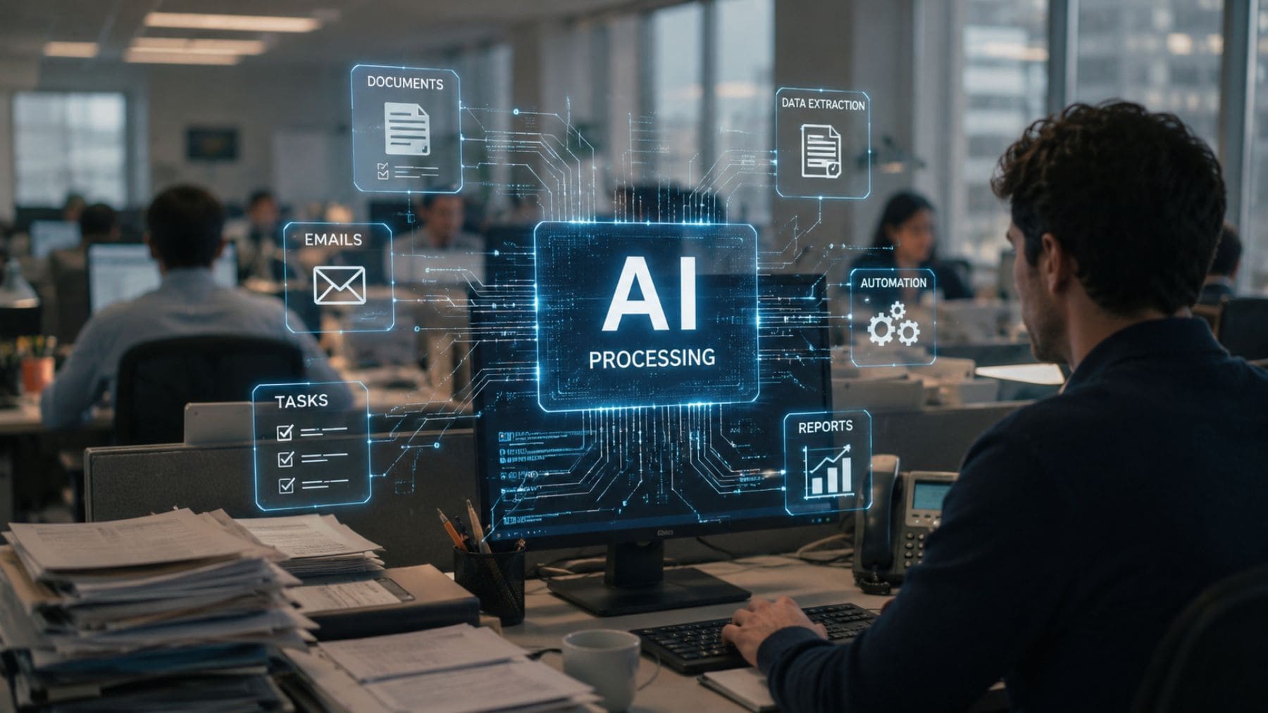 IA automatizando tareas administrativas y trámites digitales en una oficina moderna.
