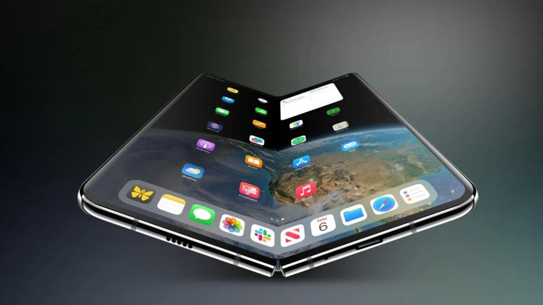 Concepto de iPhone plegable de Apple con diseño tipo libro y pantalla flexible.