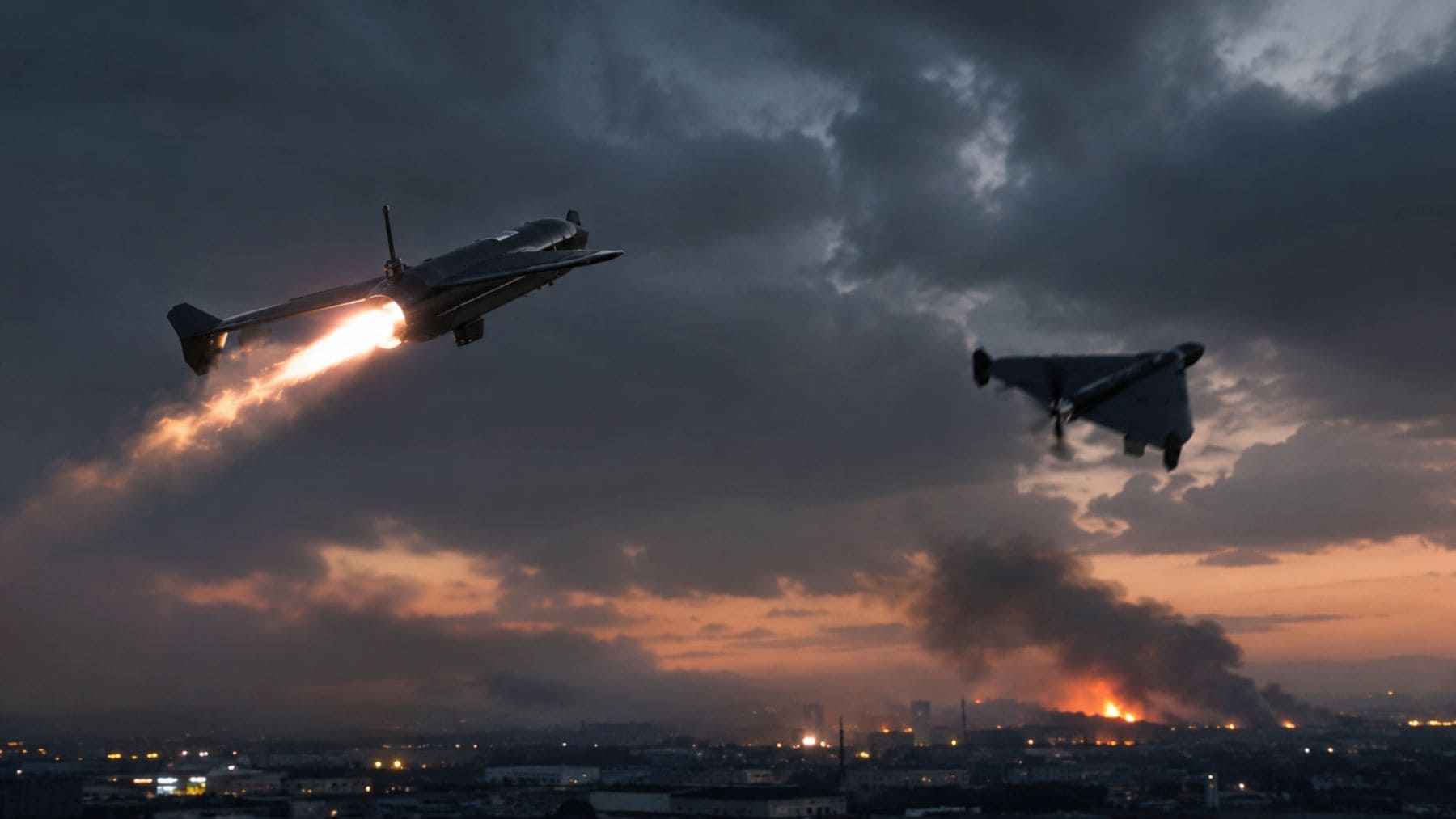 Dron interceptor Terra A1 de Japón persiguiendo un dron Shahed sobre una ciudad en guerra.