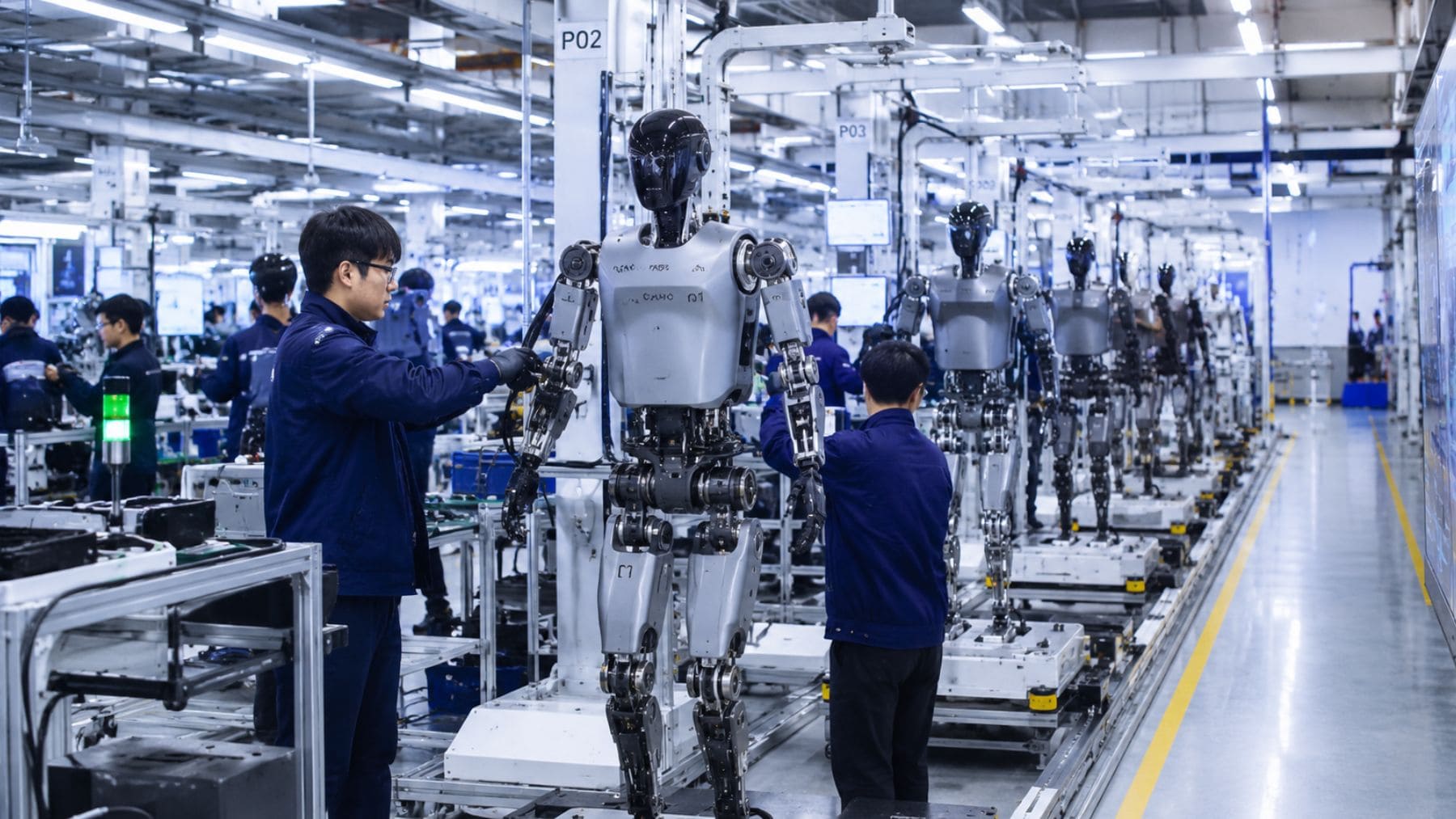Línea automatizada de producción de robots humanoides en una fábrica de China.