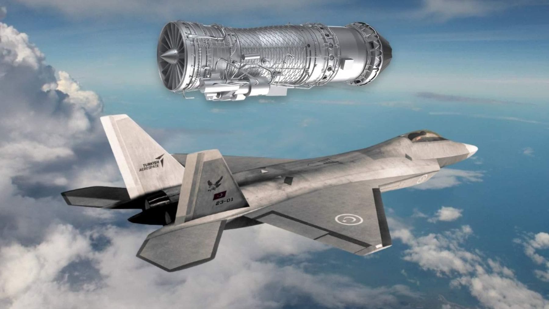 Motor turbofán Güçhan de Turquía junto al caza KAAN de quinta generación desarrollado por Turkish Aerospace.