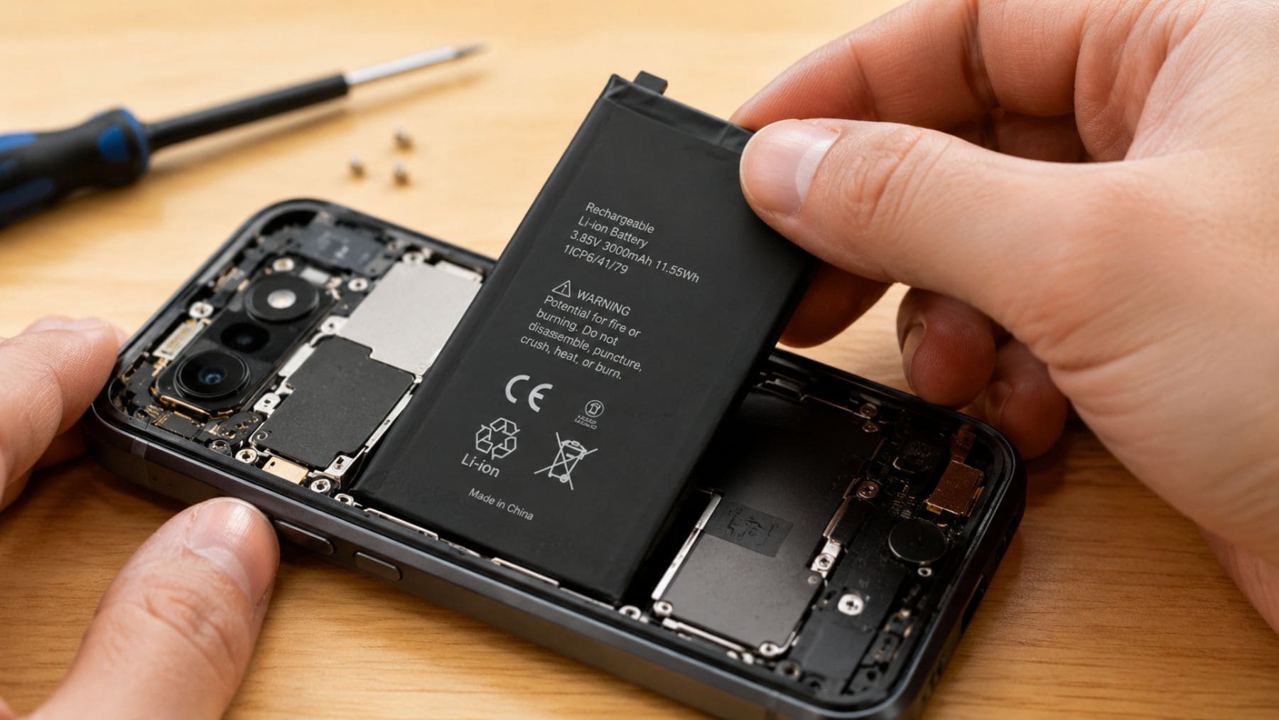 Cambio de batería en un smartphone tras la nueva normativa de la Unión Europea sobre móviles reparables.