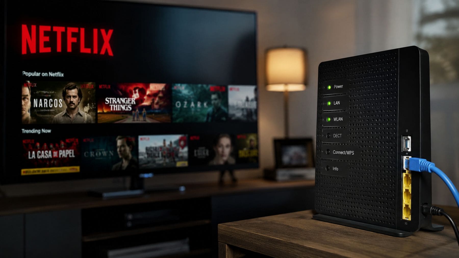 Netflix en una Smart TV 4K conectada a internet por cable Ethernet junto a un router doméstico