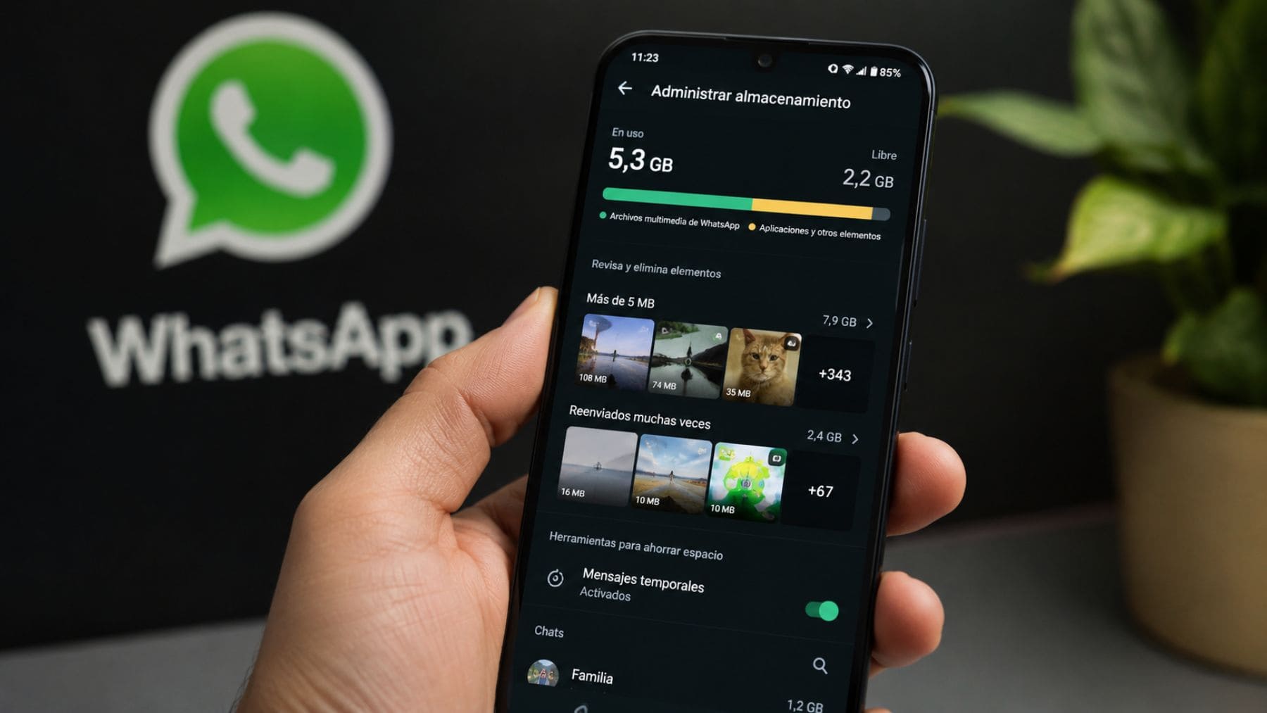 Pantalla de WhatsApp mostrando la herramienta para administrar almacenamiento y liberar espacio en Android.