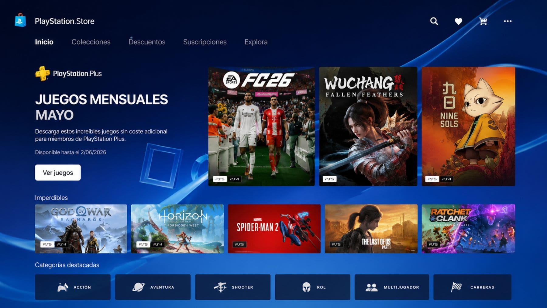 Interfaz de PlayStation Store con los juegos gratis de PS Plus de mayo 2026 en PS5 y PS4.