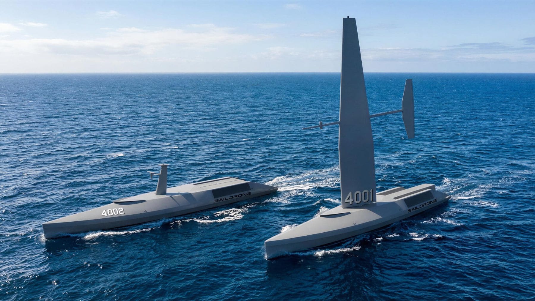El Saildrone Spectre, un barco autónomo diseñado para guerra antisubmarina, navegando en el océano.