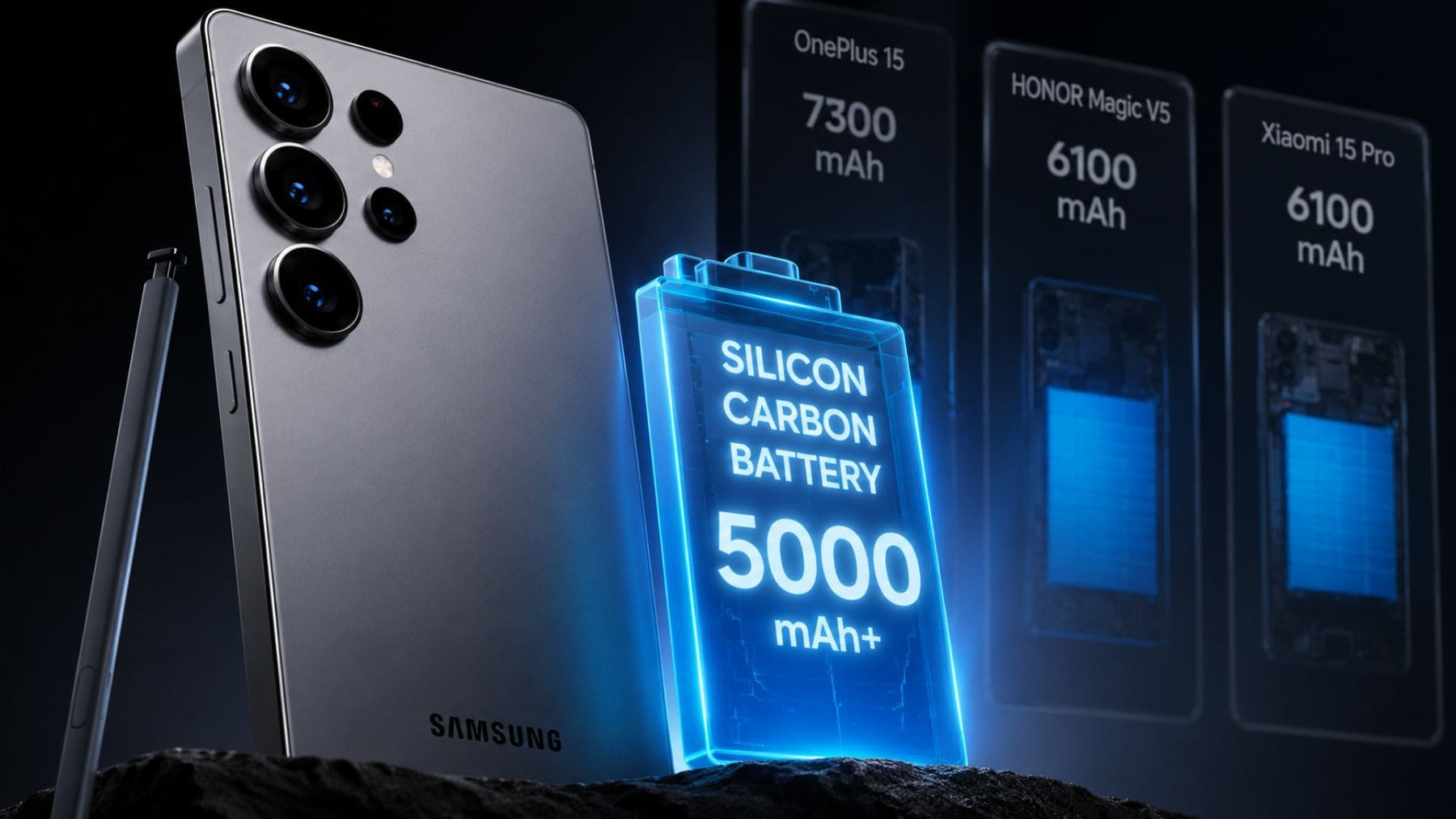Concepto del Samsung Galaxy S27 Ultra con batería de silicio-carbono frente a rivales chinos como Xiaomi y OnePlus.