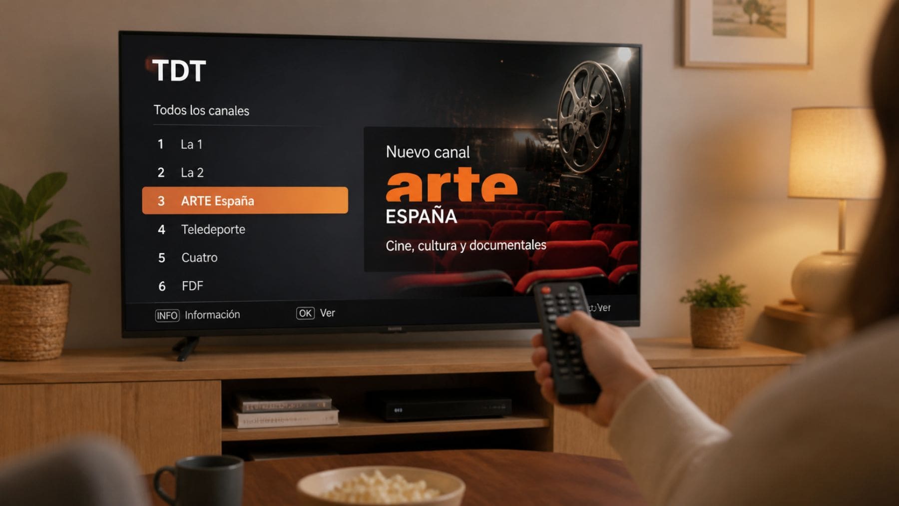 Televisor con mando mostrando el nuevo canal ARTE España en la TDT de RTVE con contenido de cine y cultura.