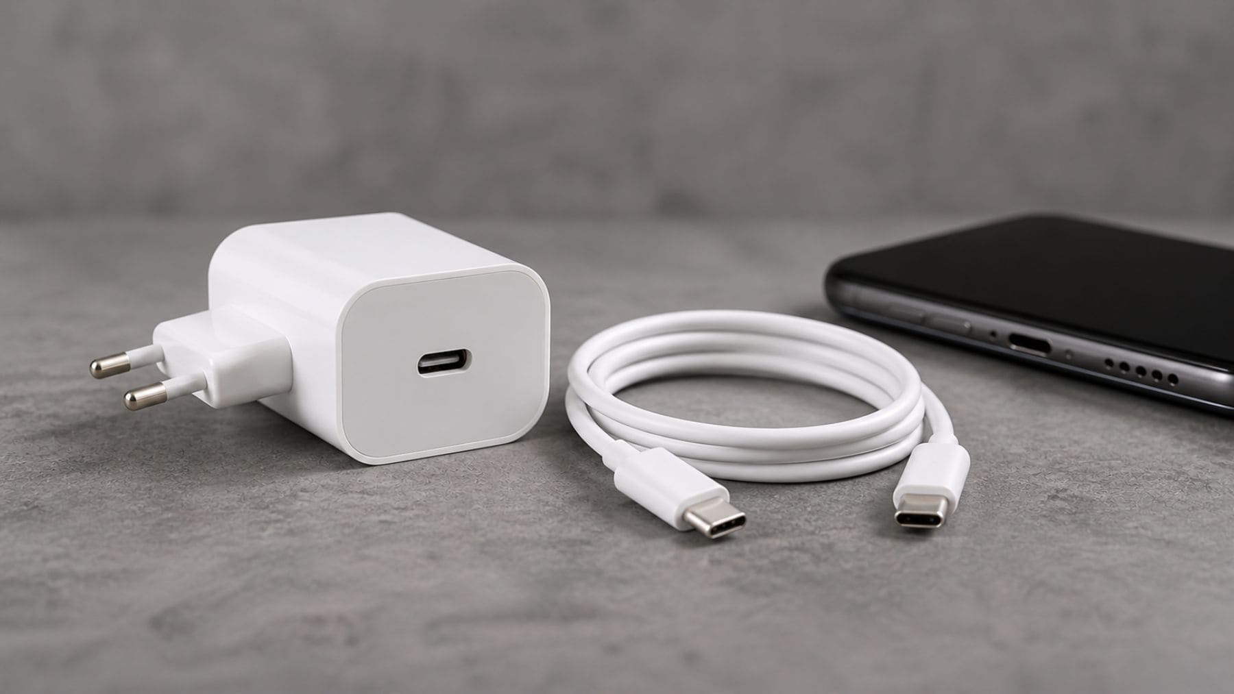 Cargador USB-C con cable y smartphone sobre superficie gris, ejemplo del cargador universal que será obligatorio en la UE.
