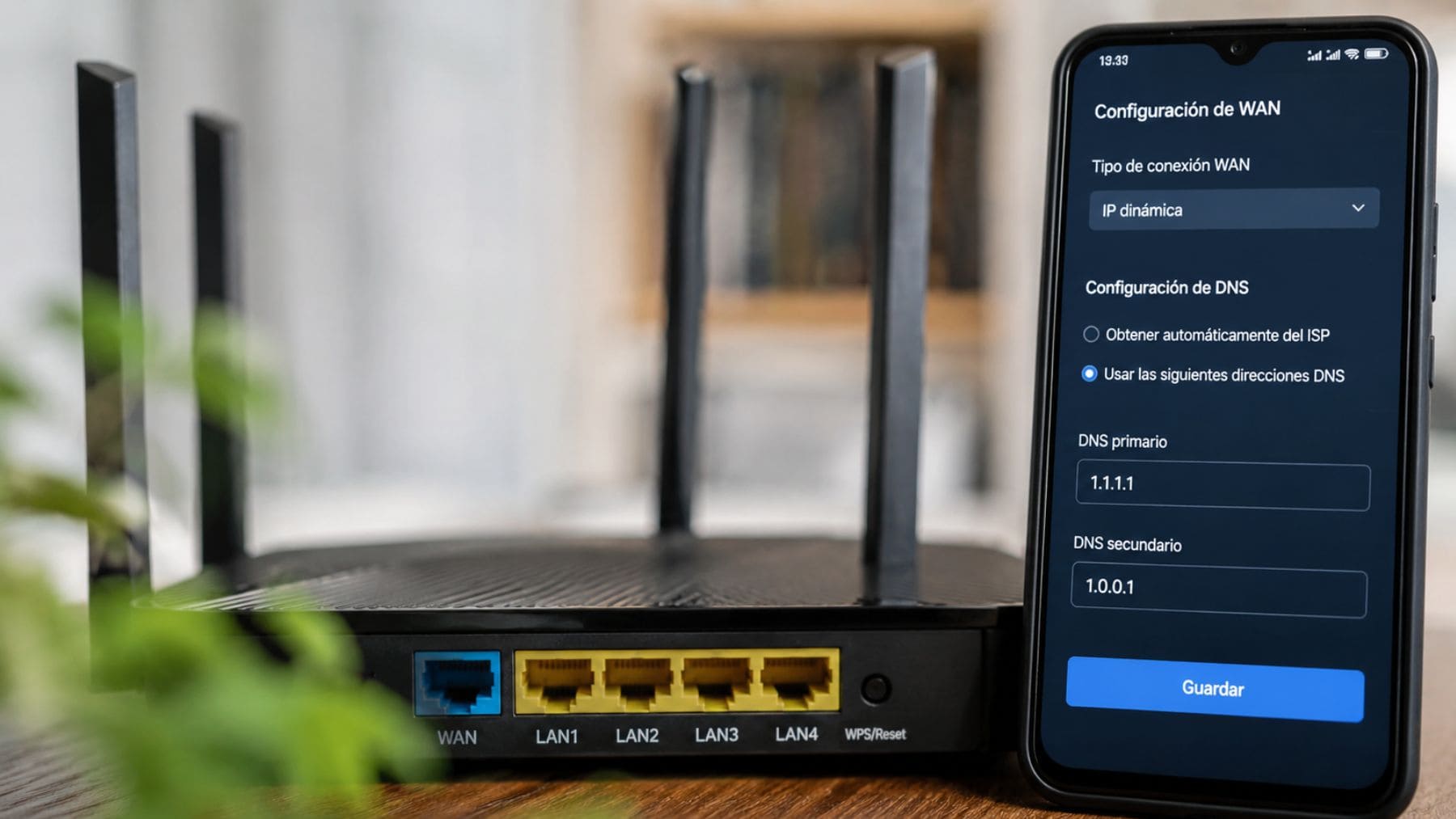 Router WiFi con configuración manual de DNS 1.1.1.1 de Cloudflare para mejorar velocidad y respuesta de Internet.