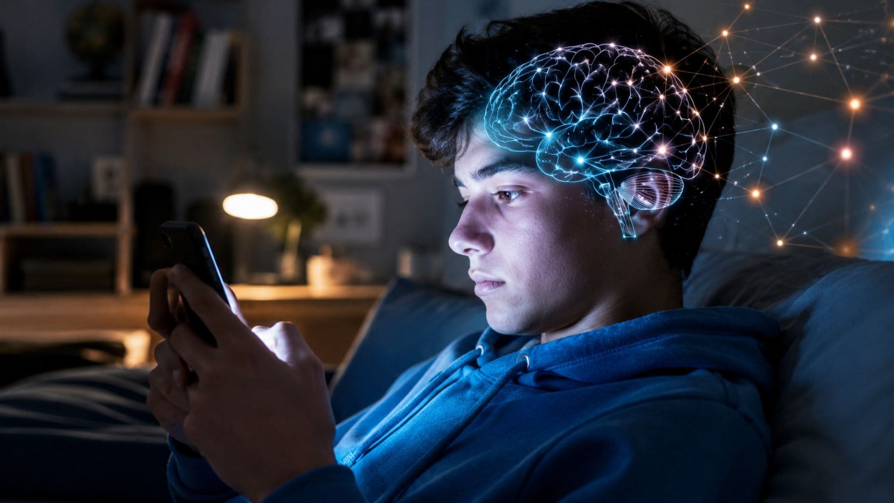 Adolescente utilizando un teléfono móvil mientras una representación del cerebro ilustra cómo las pantallas pueden influir en el desarrollo cerebral durante la juventud.