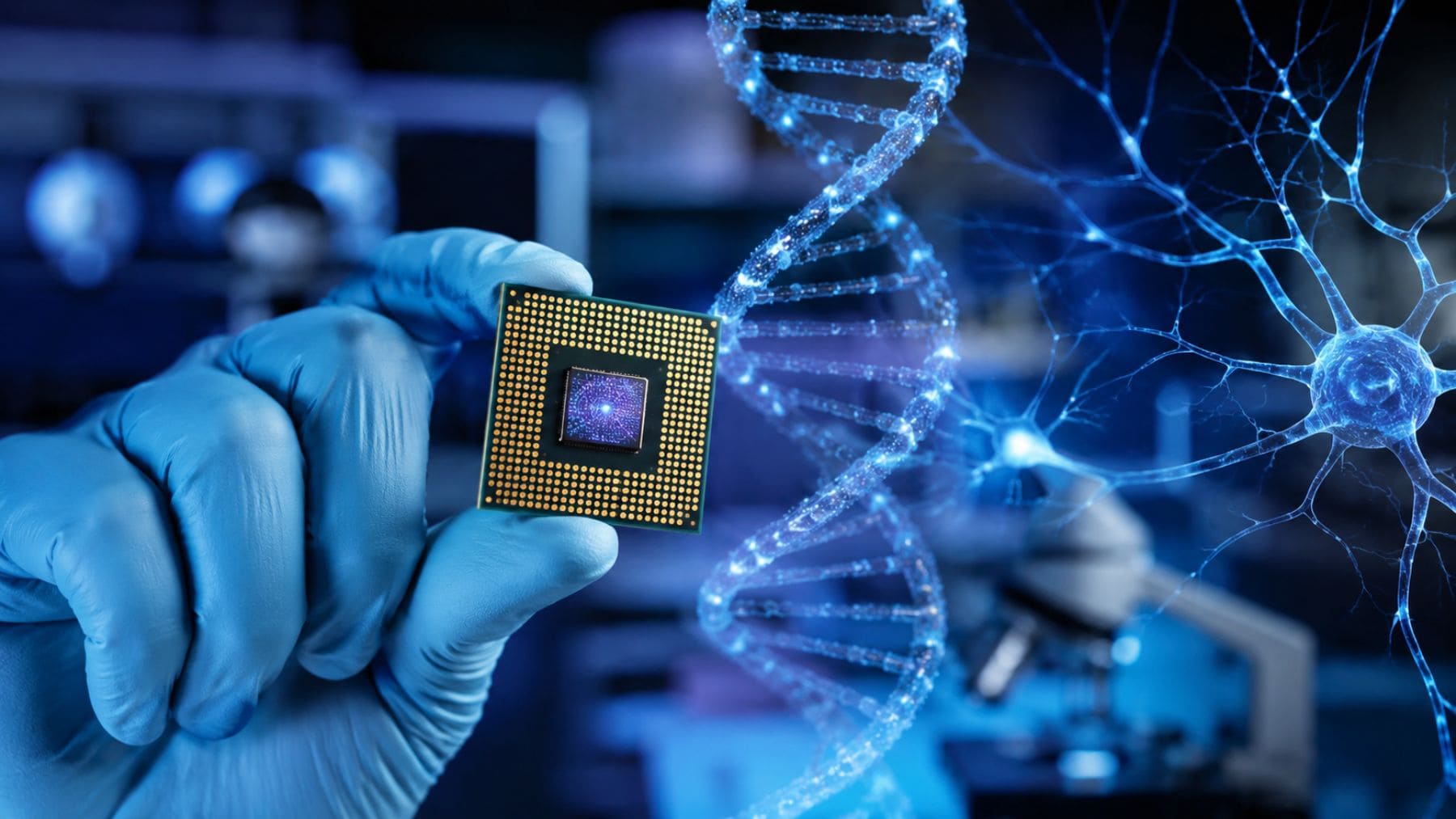 Ilustración de un chip de memoria con ADN y tecnología neuromórfica inspirado en el funcionamiento del cerebro humano.