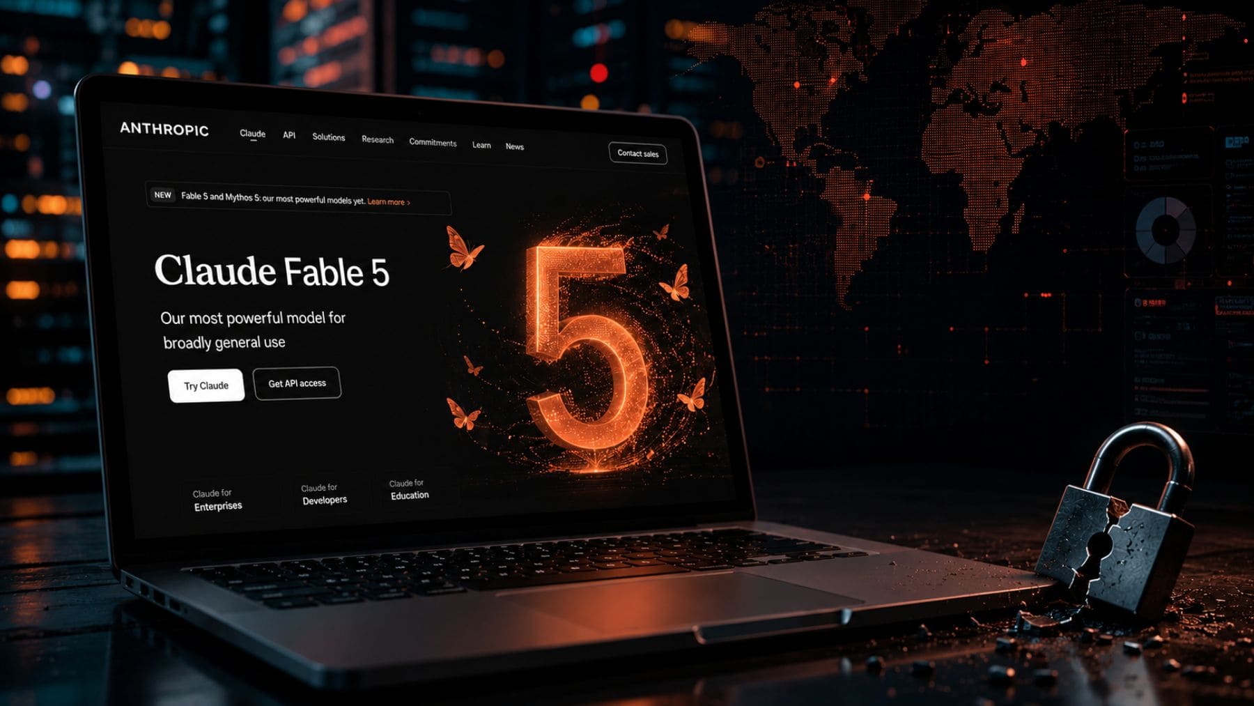 Claude Fable 5 de Anthropic en un ordenador con una interfaz de inteligencia artificial y elementos visuales de ciberseguridad.