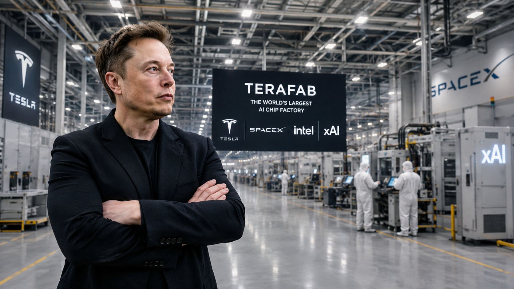 Elon Musk en una fábrica de semiconductores que representa el proyecto TeraFab para desarrollar chips de inteligencia artificial