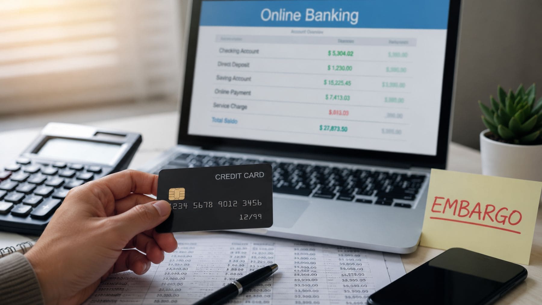 Tarjeta bancaria junto a un ordenador con banca online en una imagen relacionada con embargos de cuentas a morosos.
