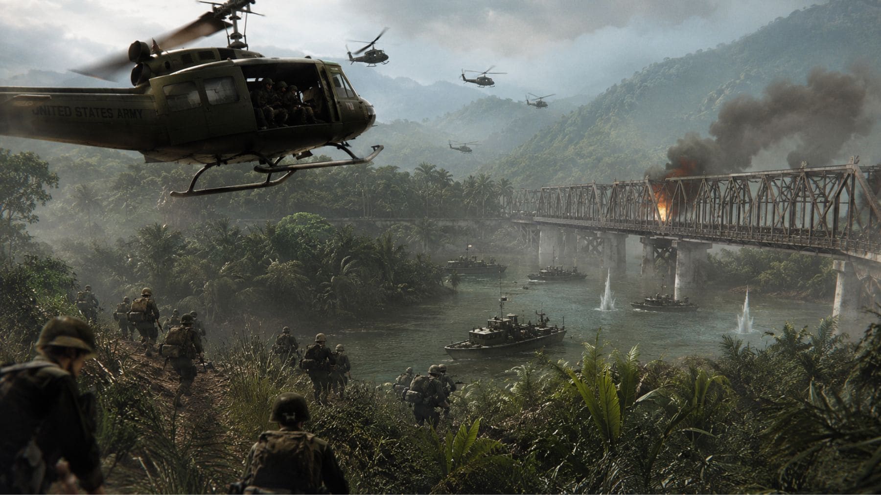 Helicópteros y soldados en una batalla de Hell Let Loose Vietnam con mapas para 100 jugadores en la jungla.