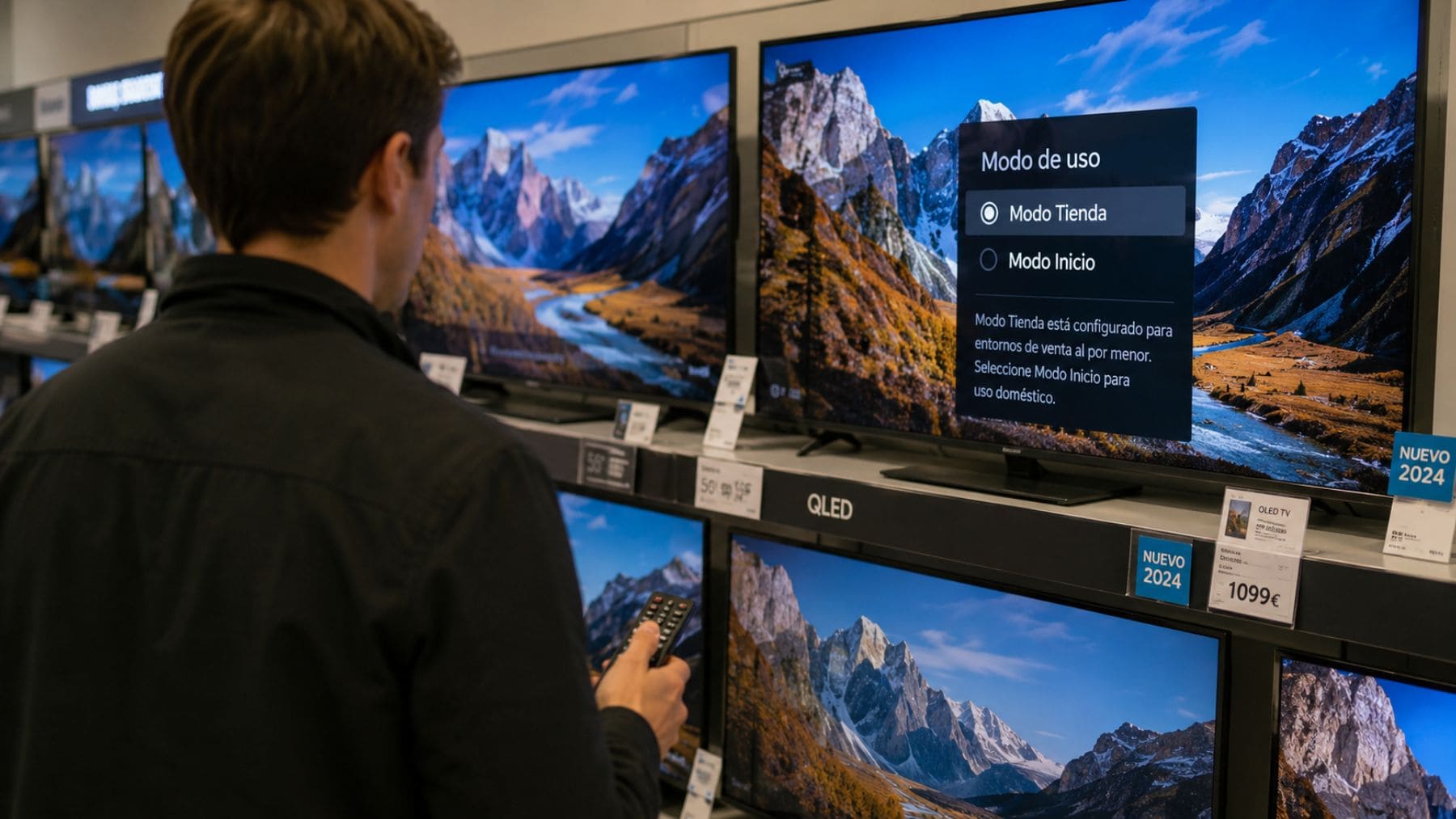 Usuario comprobando el modo tienda de una Smart TV en una tienda de electrónica para mejorar la calidad de imagen.