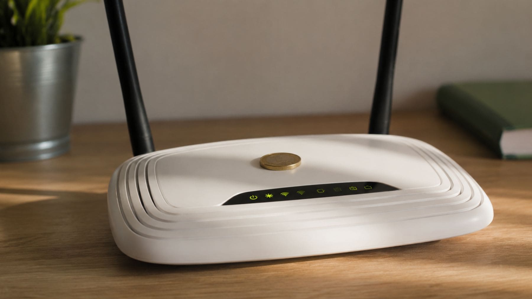 Moneda colocada encima de un router WiFi doméstico como parte del truco viral que promete mejorar la señal.
