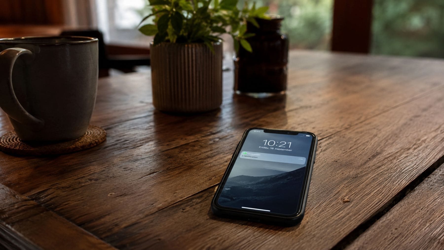 Móvil boca arriba sobre una mesa de madera con una notificación visible, relacionado con el phubbing y la atención dividida.