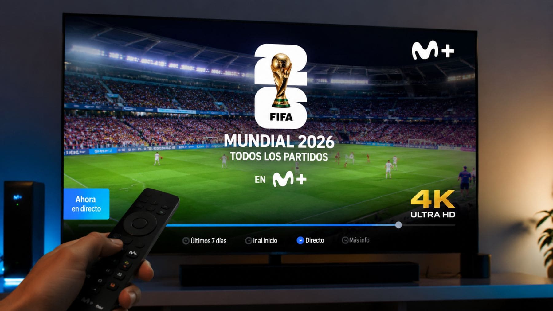 Televisor mostrando el Mundial 2026 en Movistar con calidad 4K y funciones de control del directo