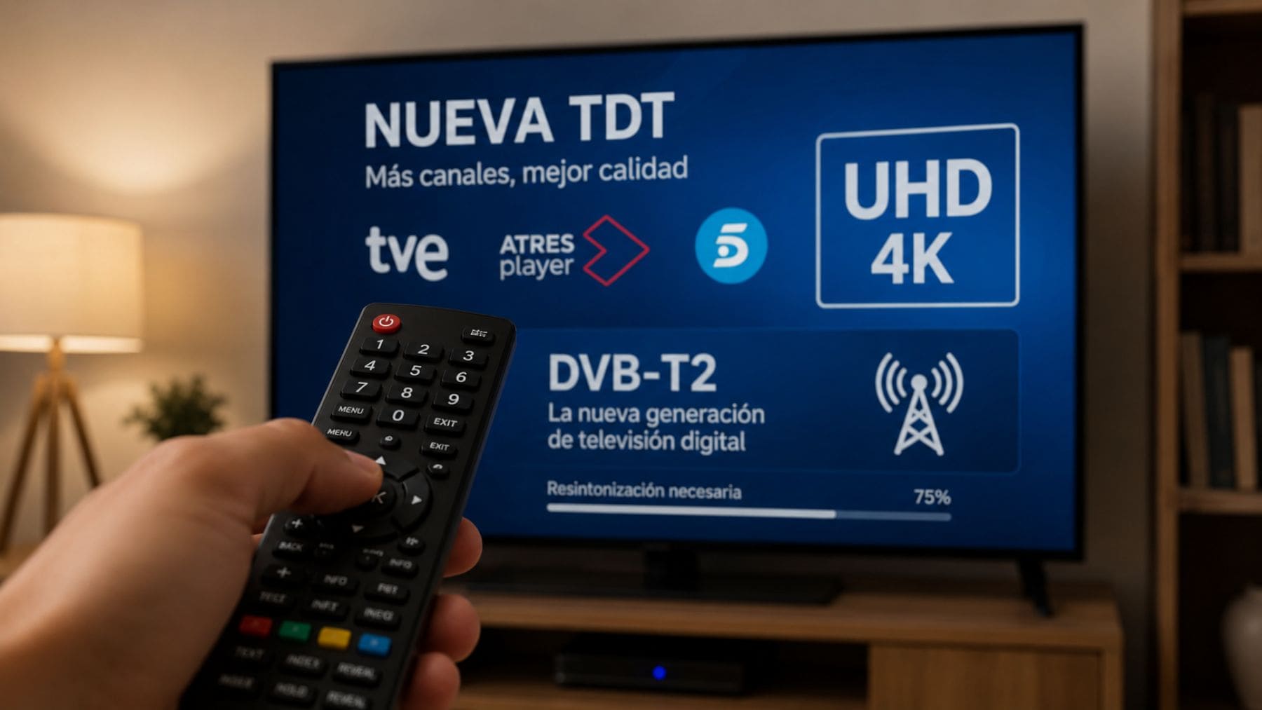 Televisor mostrando el cambio a la nueva TDT con tecnología DVB-T2, canales UHD y resintonización en España.