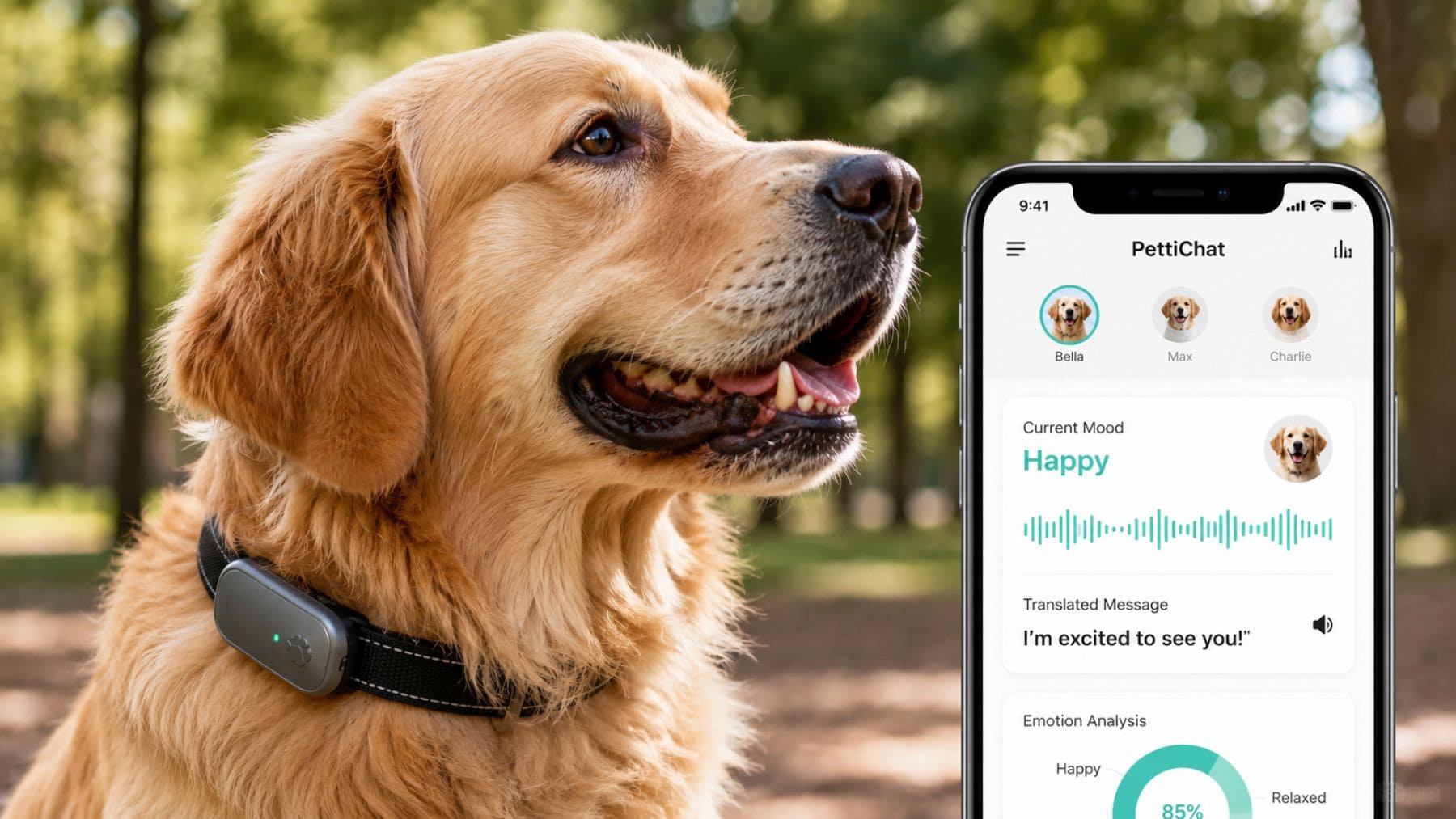 Perro con un collar inteligente con IA conectado a una aplicación que interpreta ladridos y emociones en tiempo real.