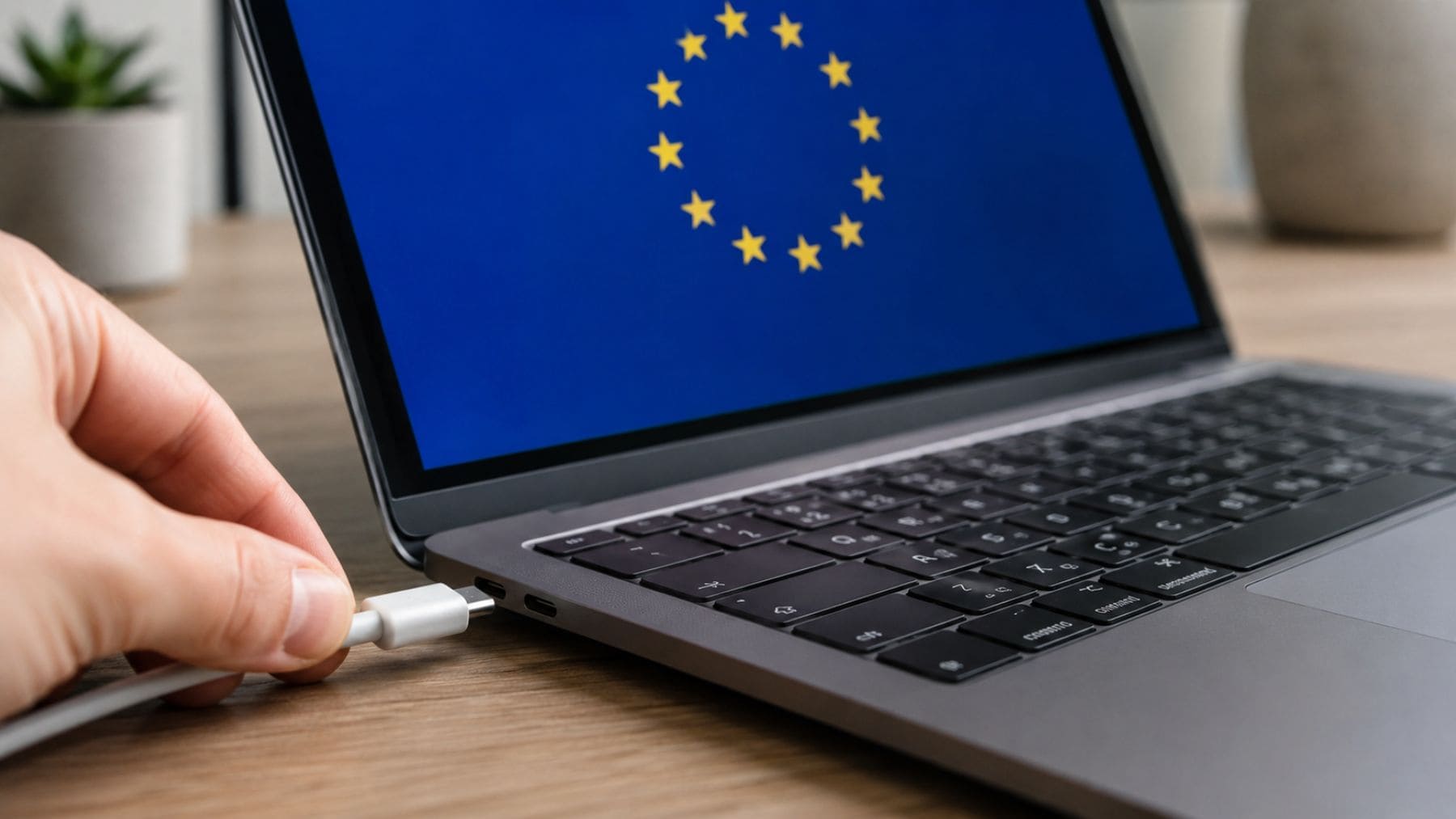 Puerto USB-C conectado a un ordenador portátil bajo la nueva normativa de la Unión Europea sobre cargadores comunes.