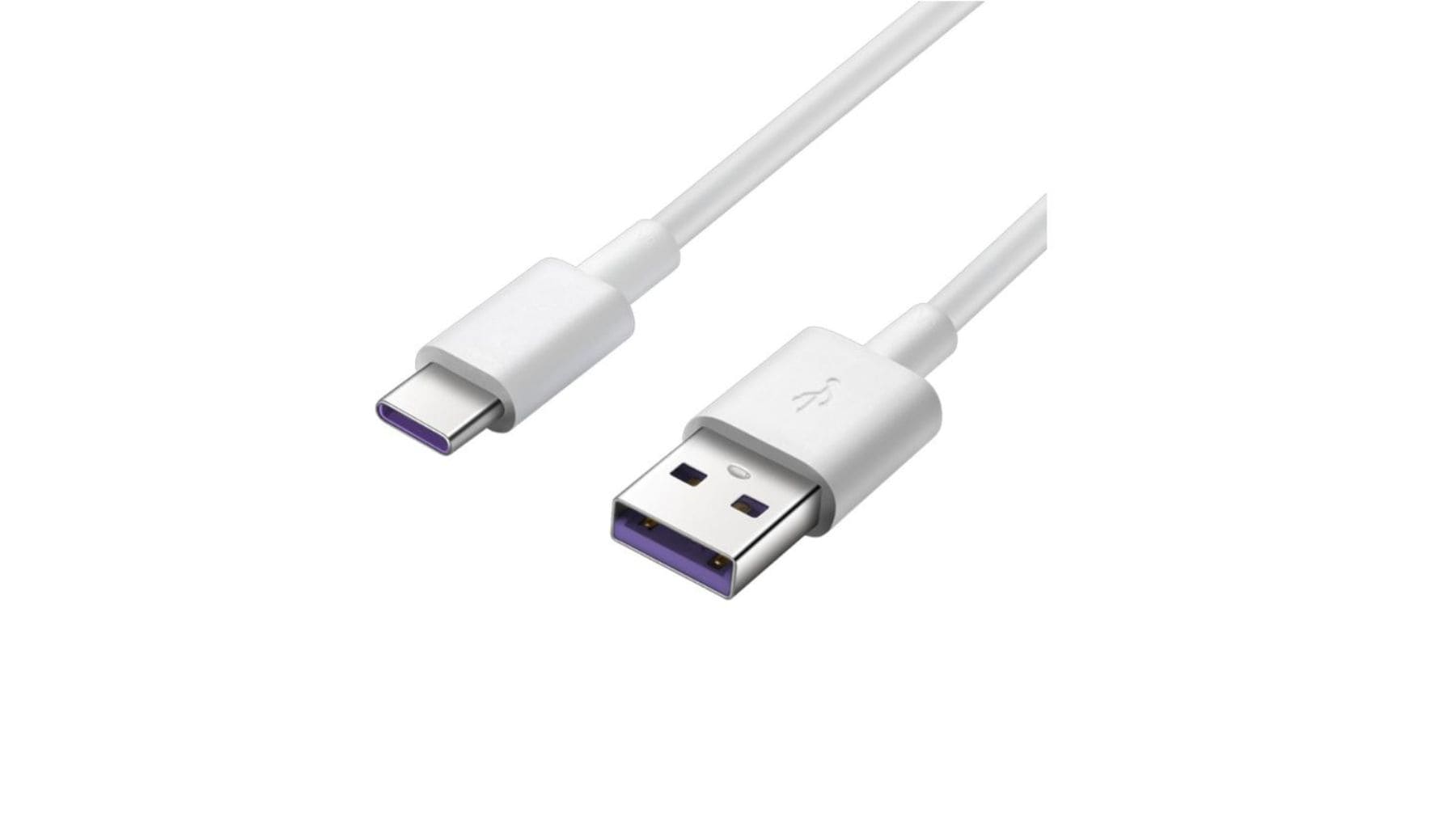 Cable USB-C con conector morado utilizado como indicador visual de carga rápida y mayor potencia de carga.
