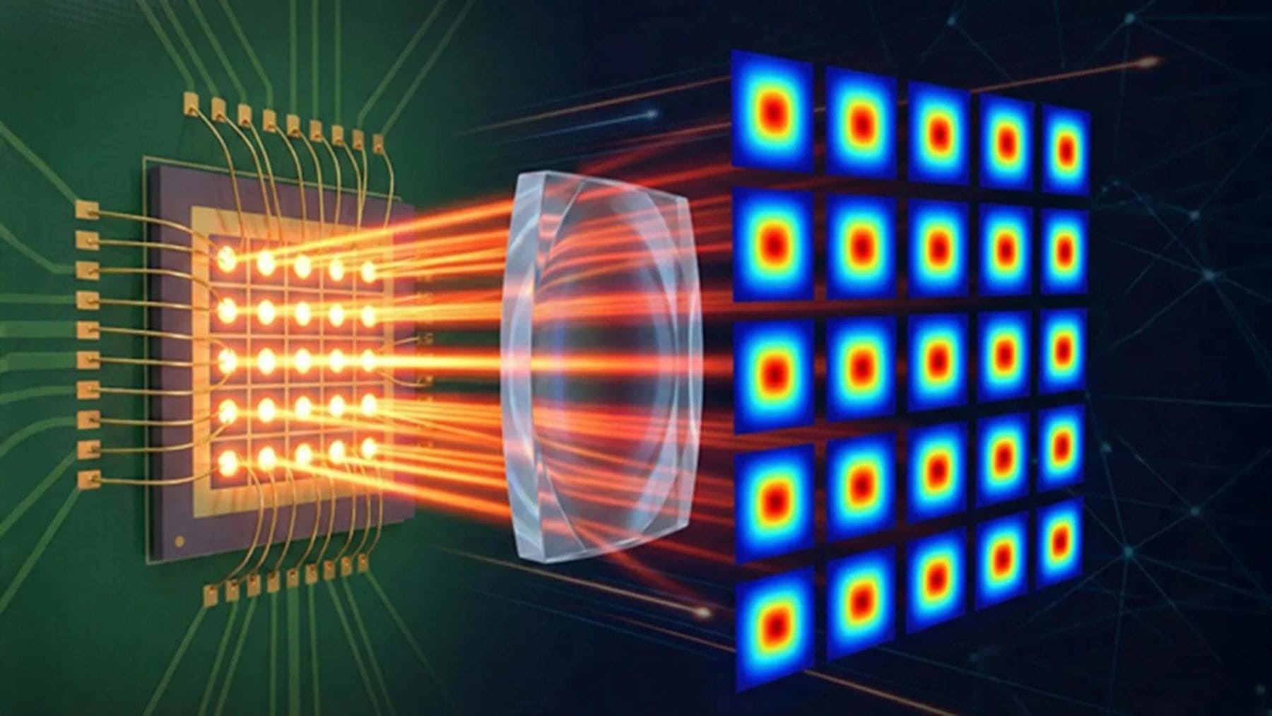 Chip LiFi con 25 láseres VCSEL capaz de transmitir datos a 362 Gbps mediante comunicación inalámbrica óptica.
